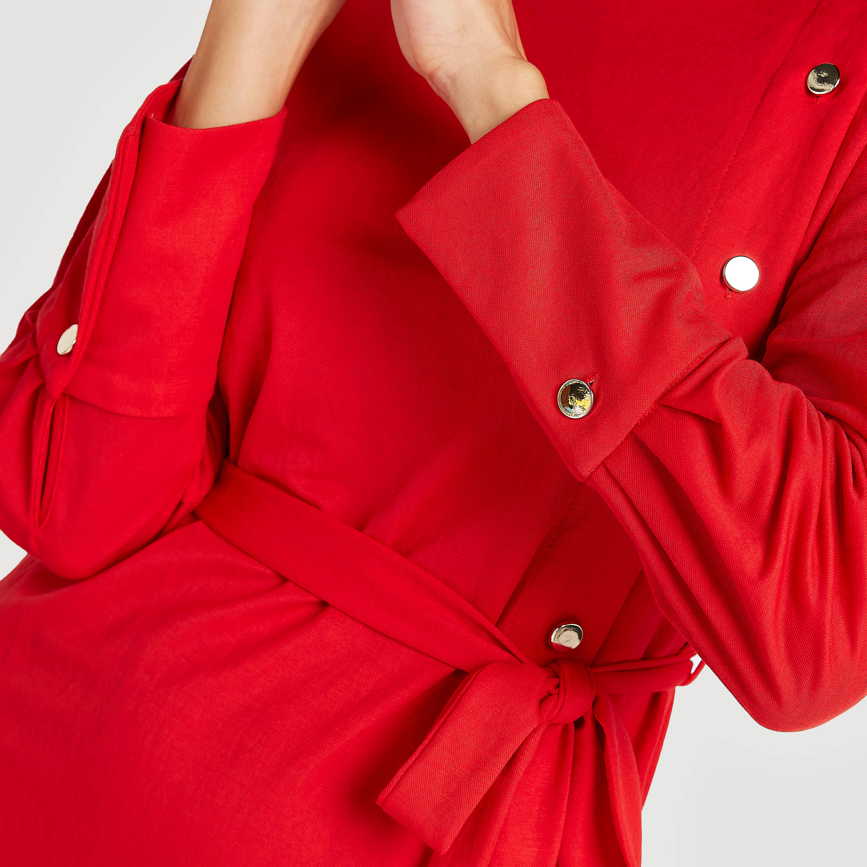 Solid Midi A-line Shift Dress with Long Sleeves and Belt-women-clothing-dresses-image-5
