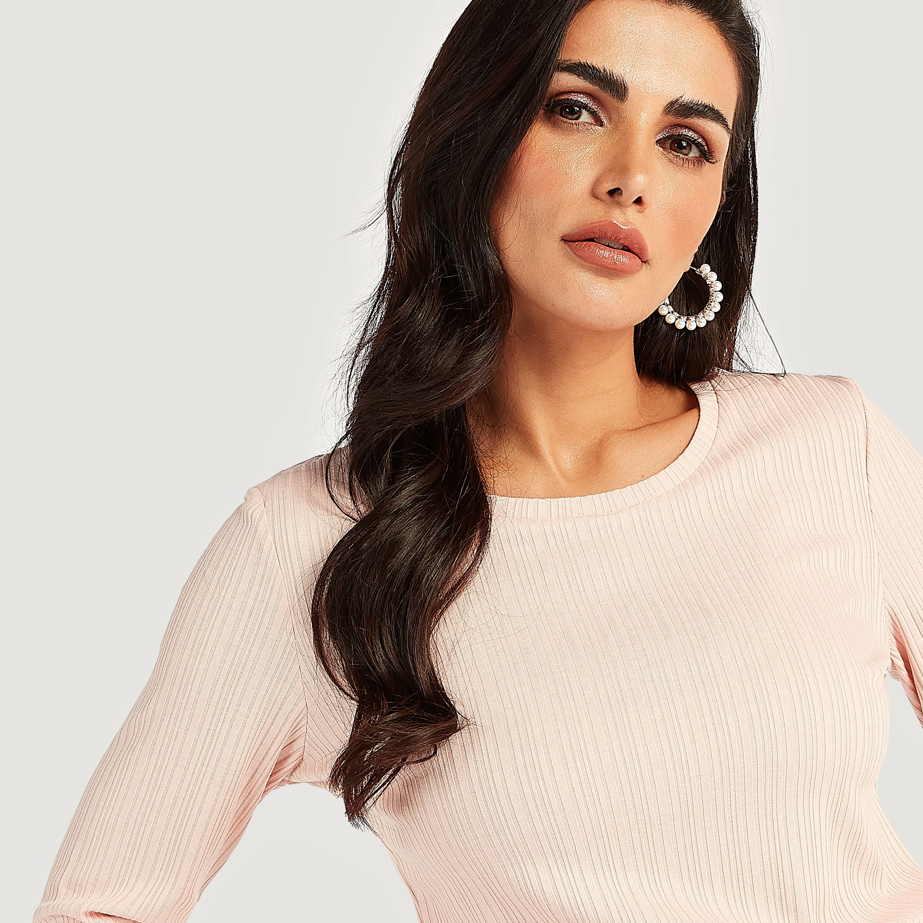 بلوزة بياقة مستديرة بارز الملمس مع أكمام 3/4-women-clothing-shirtsandblouses-blouses-image-3