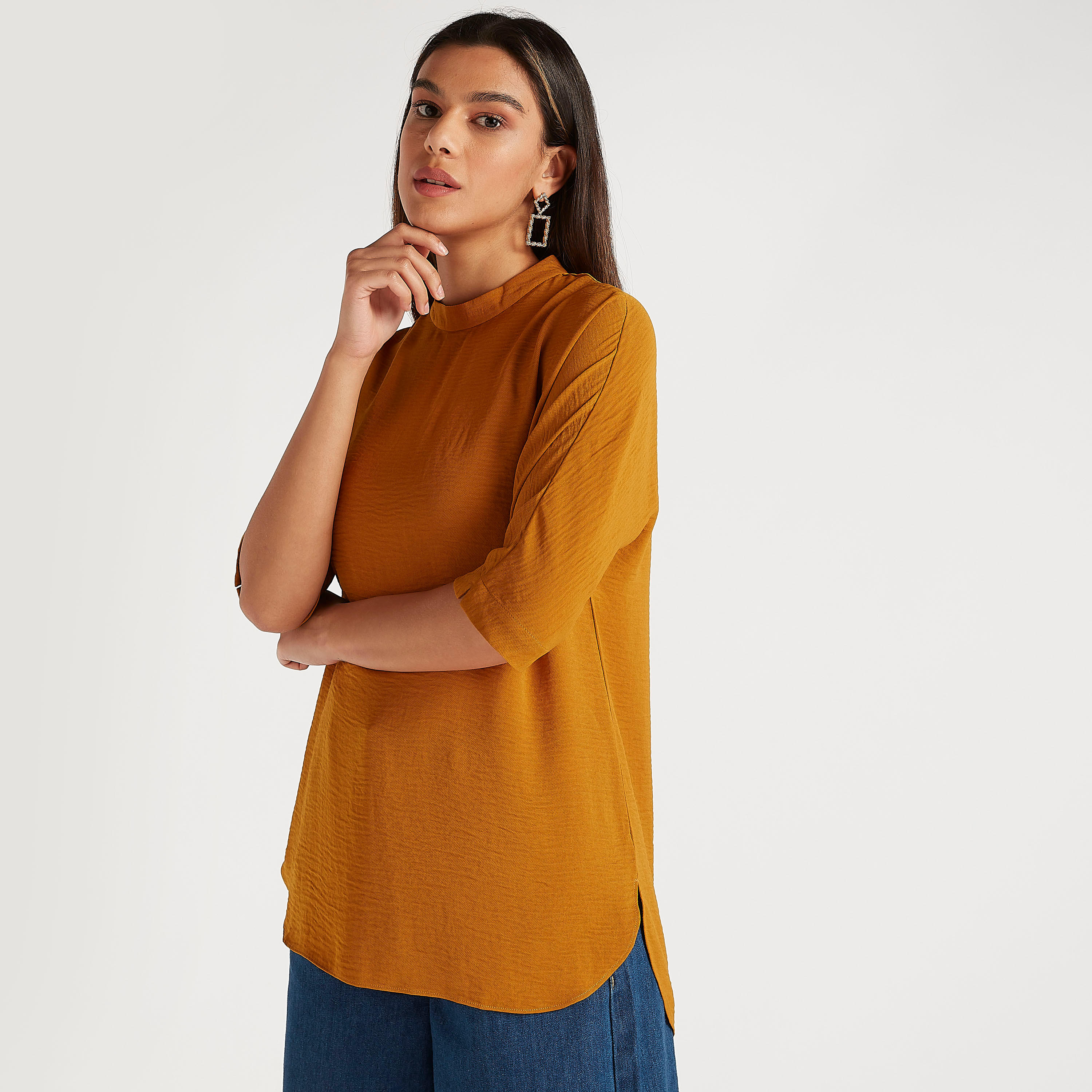 Textured Top with Zipper Back and High Neck-women-clothing-shirtsandblouses-blouses-image-1