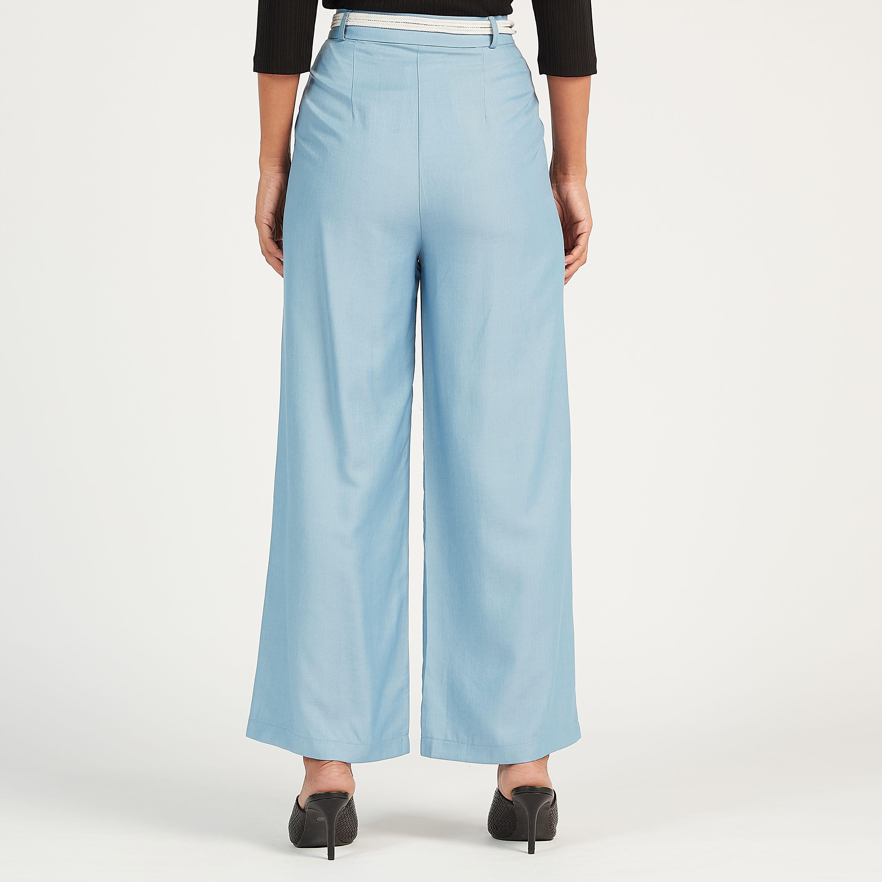 بنطلون سادة واسع بخصر متوسّط الارتفاع وتفاصيل ثنايا وجيوب-women-clothing-bottoms-trousers-image-2