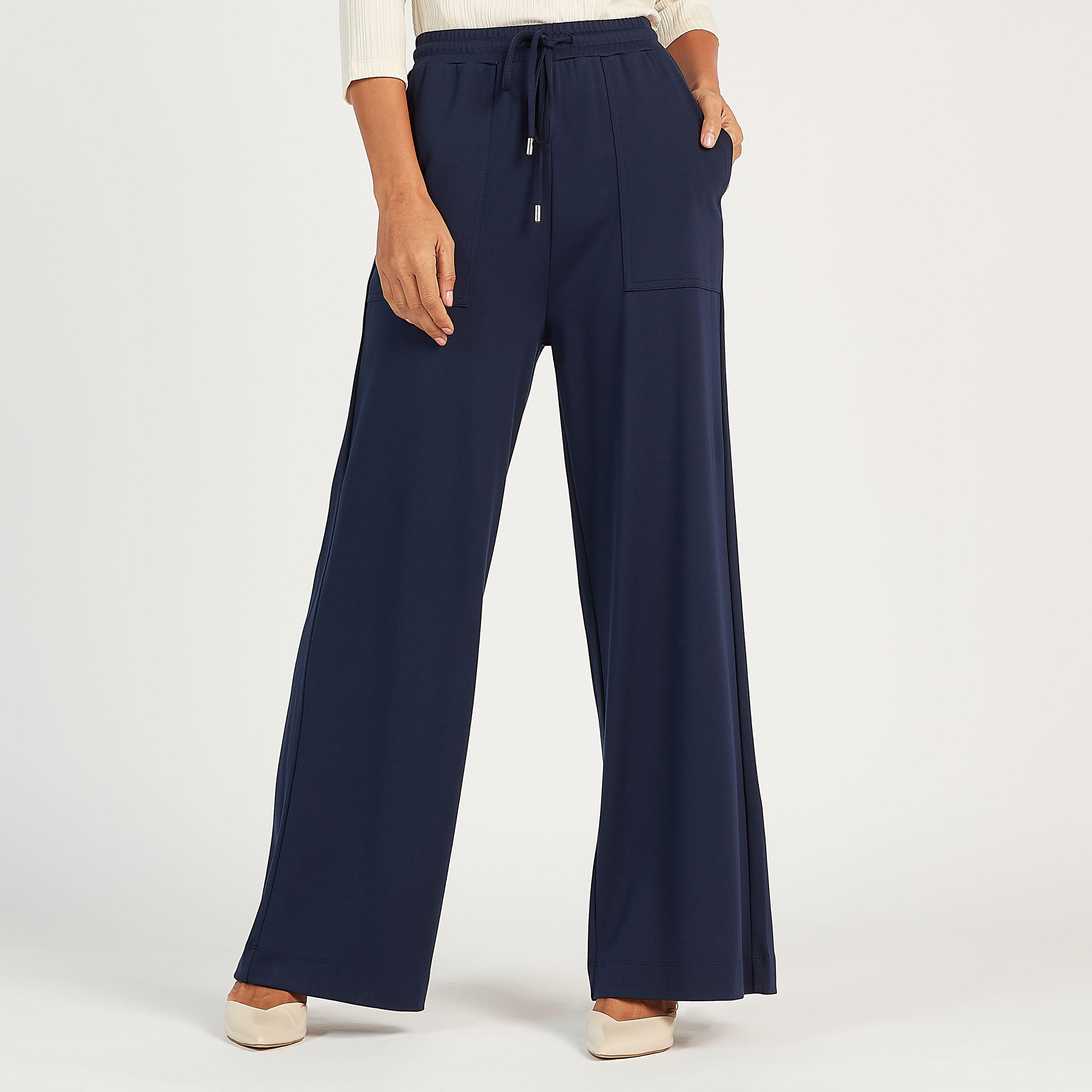 بنطلون سادة بساق واسعة وخصر مطّاطي متوسّط الارتفاع وجيوب-women-clothing-bottoms-trousers-image-1