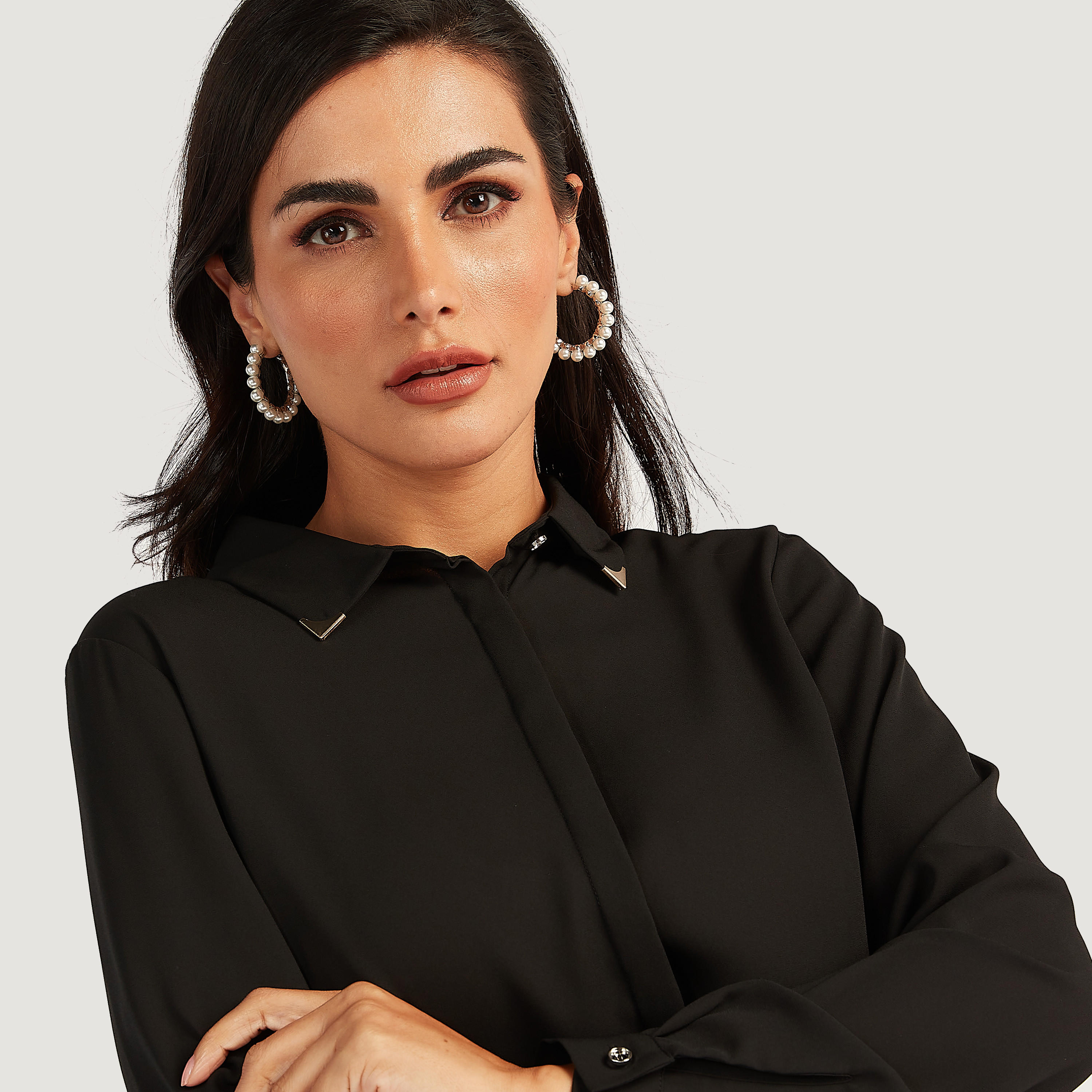 Solid Shirt with Collar and Long Sleeves-women-clothing-shirtsandblouses-shirts-image-3