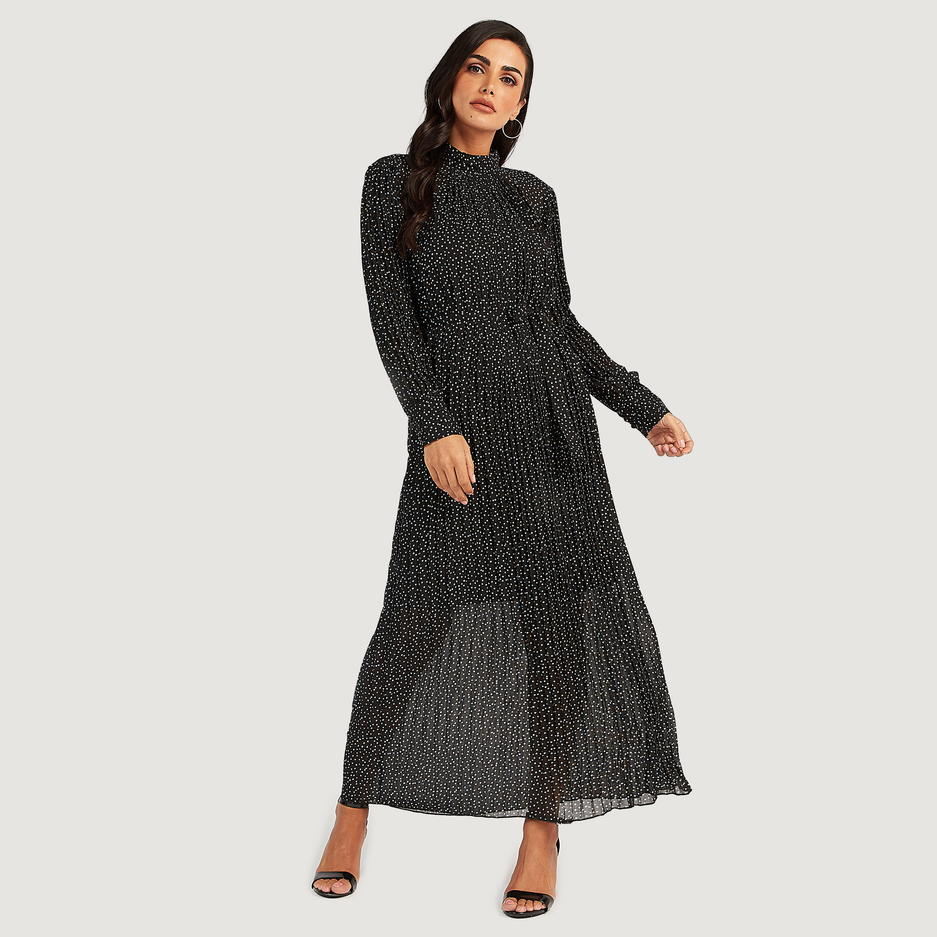 Textured Printed Maxi Dress with Long Sleeves and Tie-Ups-women-clothing-dresses-image-1