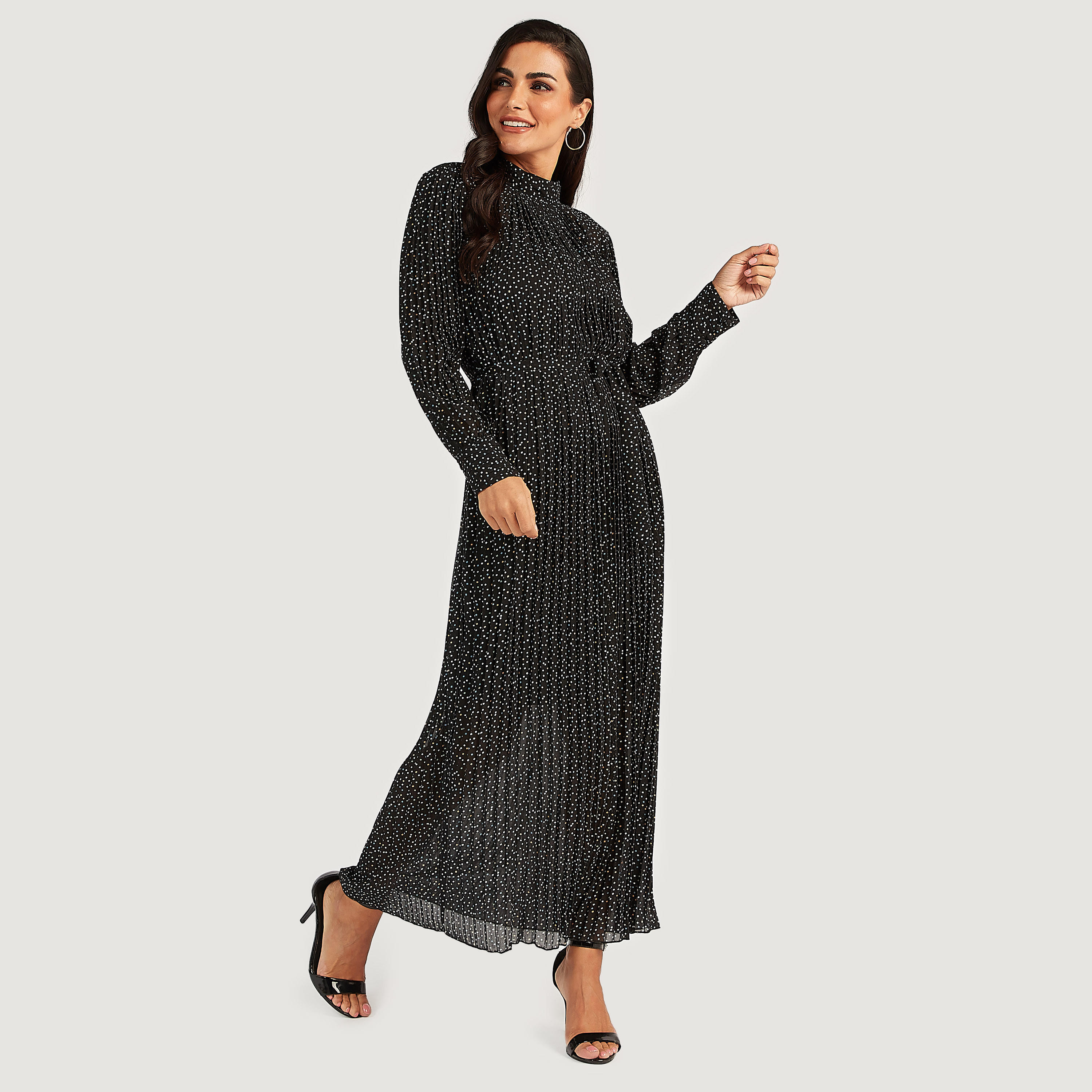 Textured Printed Maxi Dress with Long Sleeves and Tie-Ups-women-clothing-dresses-image-2