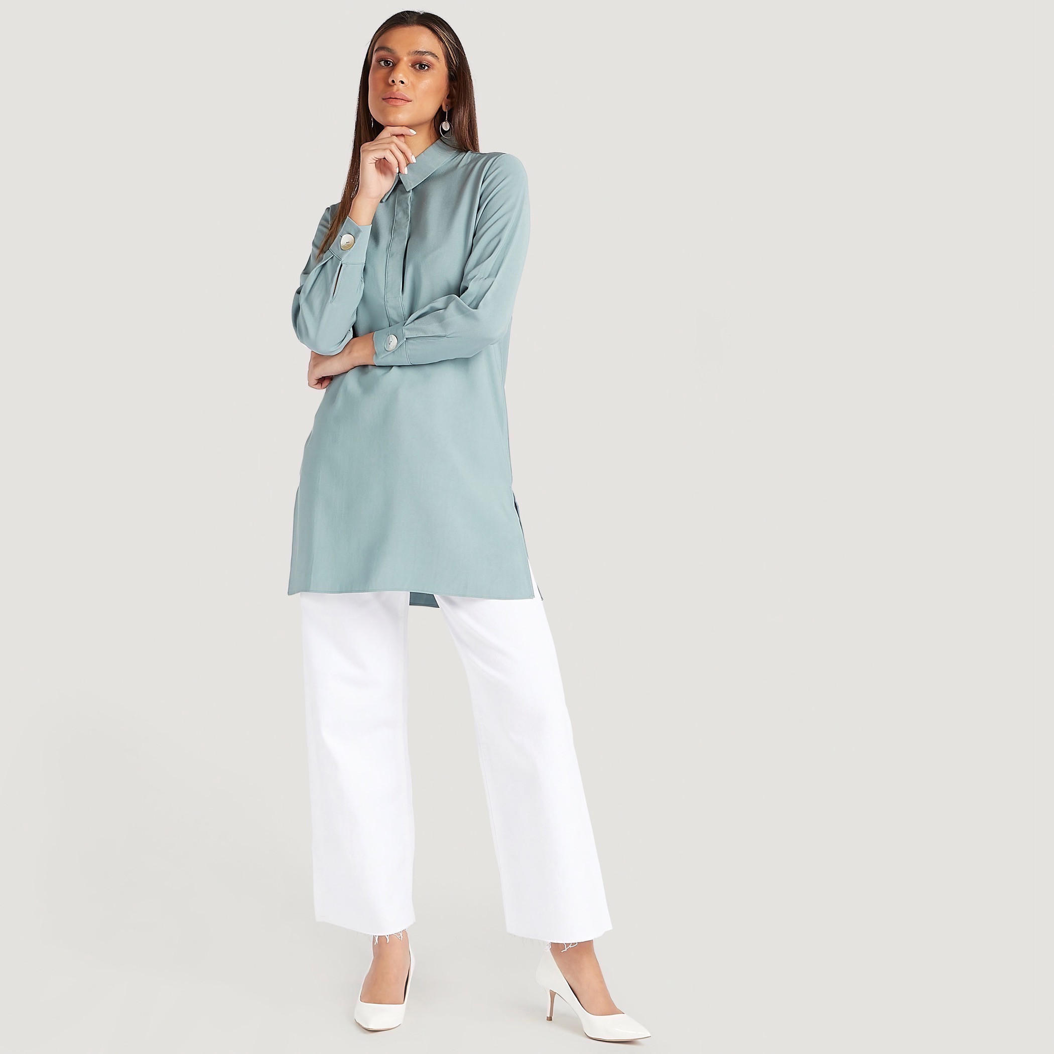 Solid Collared Tunic with Long Sleeves-women-clothing-shirtsandblouses-blouses-image-1