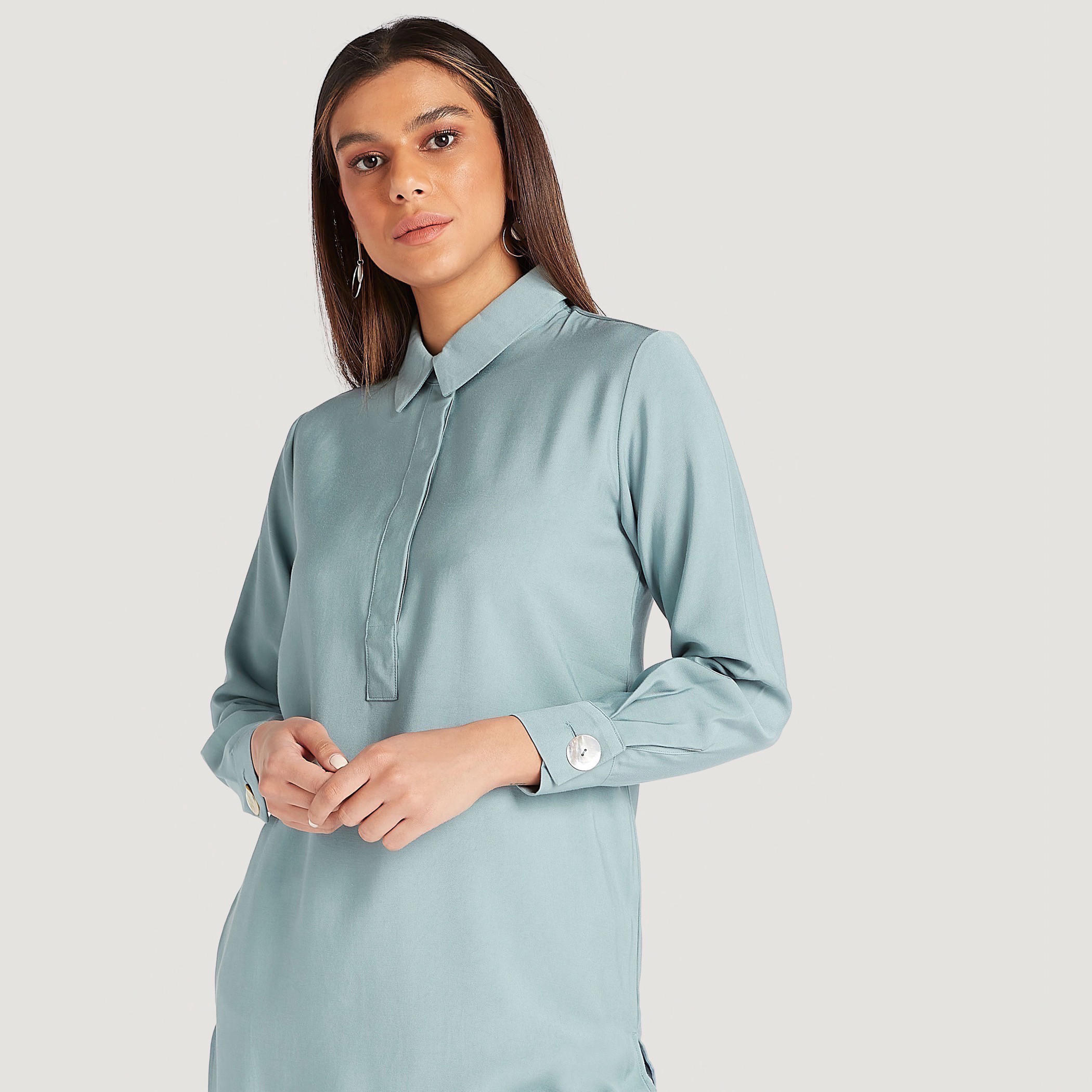 تونيك سادة بياقة عادية وأكمام طويلة-women-clothing-shirtsandblouses-blouses-image-2