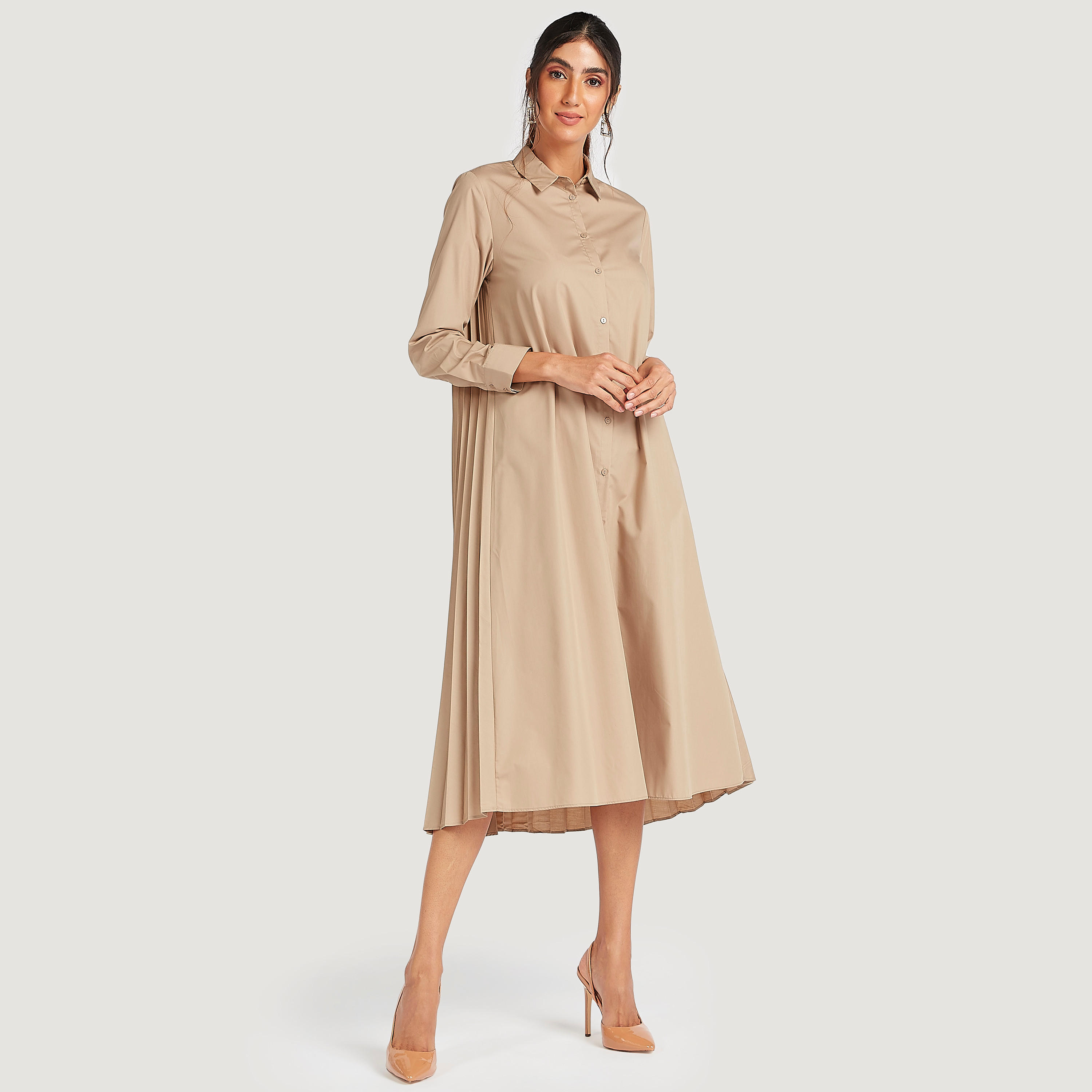 فستان قميص ميدي سادة بأكمام طويلة وتفاصيل ثنايا-women-clothing-dresses-image-2