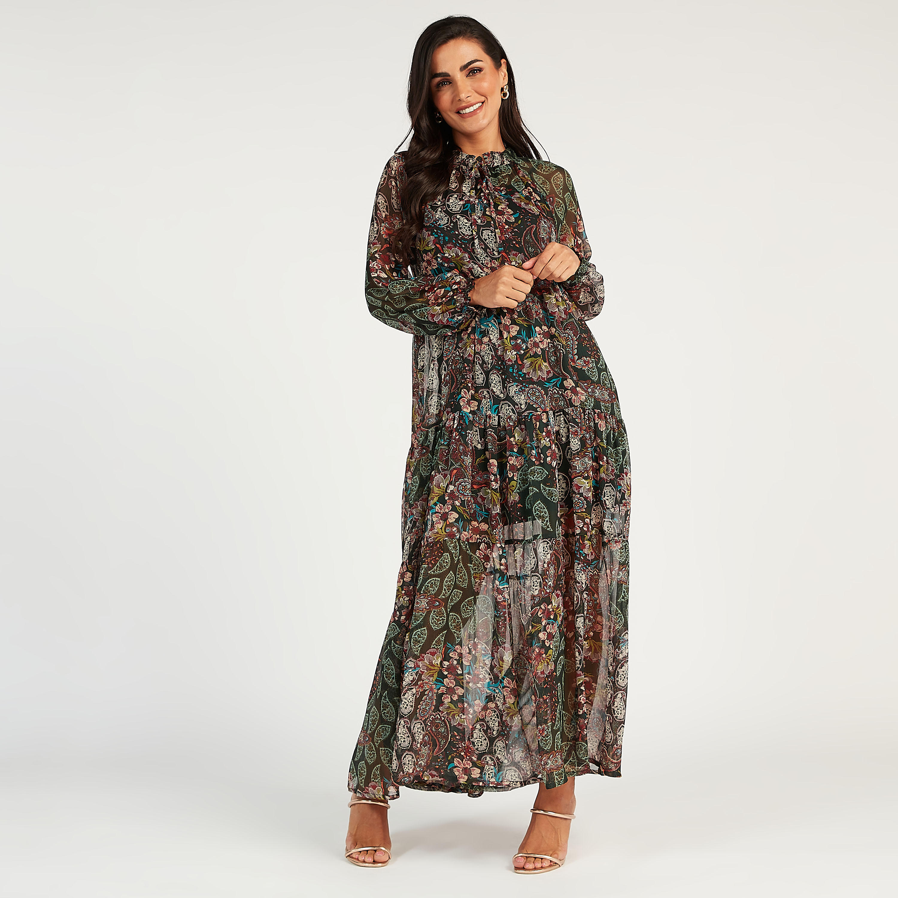 فستان إيه لاين طويل بأكمام طويلة وطبعات أزهار وربطة عنق-women-clothing-dresses-image-1