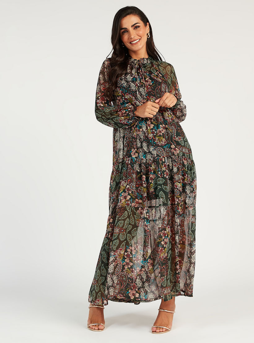 فستان إيه لاين طويل بأكمام طويلة وطبعات أزهار وربطة عنق-women-clothing-dresses-image-1