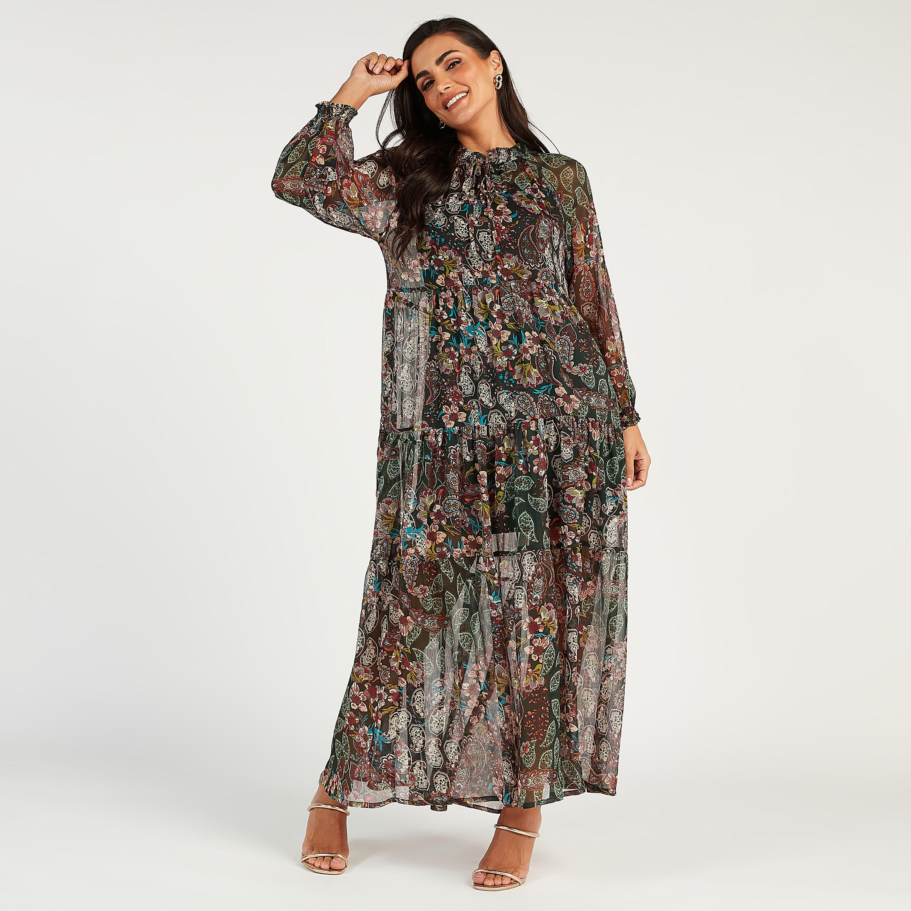 فستان إيه لاين طويل بأكمام طويلة وطبعات أزهار وربطة عنق-women-clothing-dresses-image-2