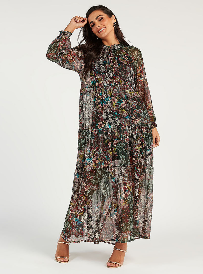 فستان إيه لاين طويل بأكمام طويلة وطبعات أزهار وربطة عنق-women-clothing-dresses-image-2