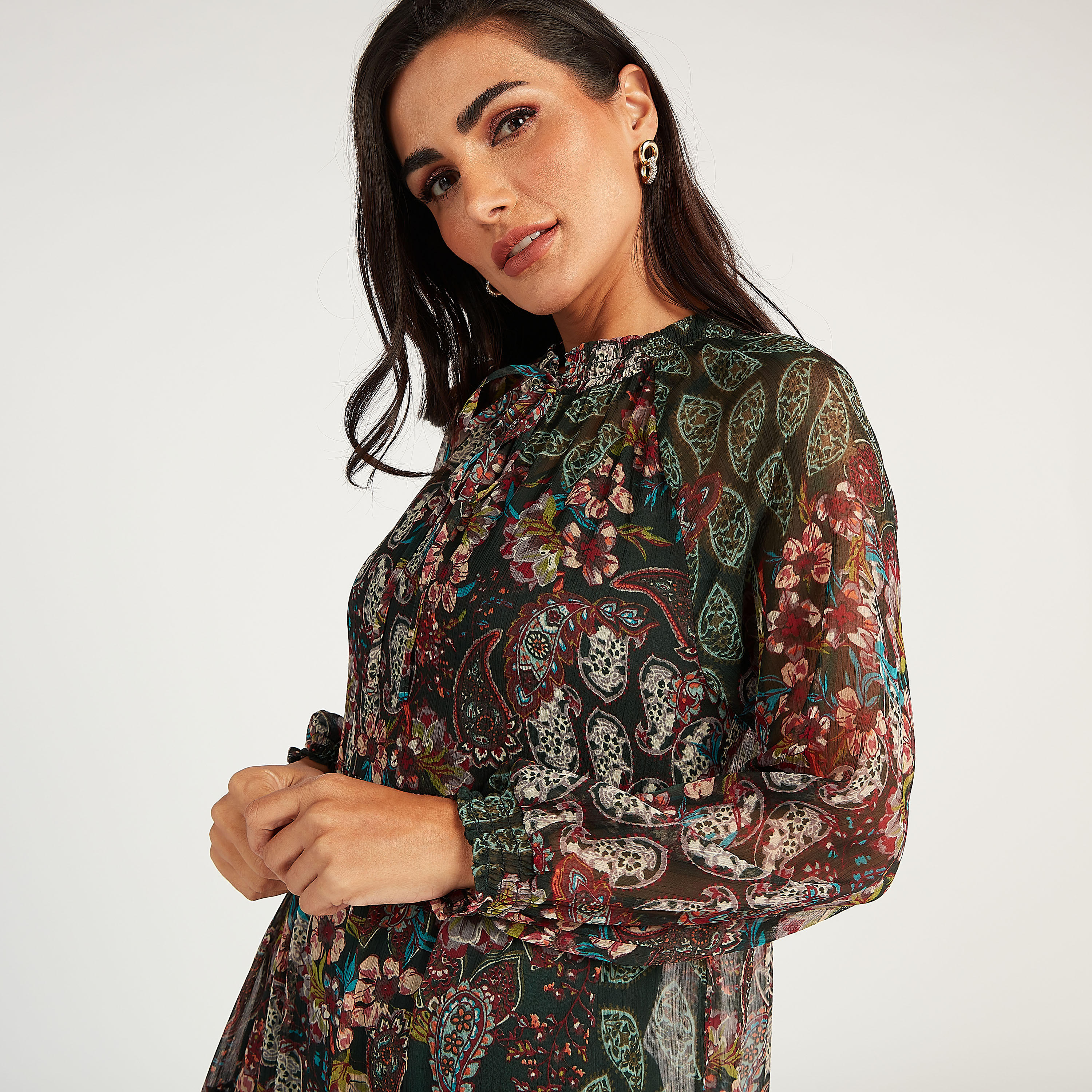 فستان إيه لاين طويل بأكمام طويلة وطبعات أزهار وربطة عنق-women-clothing-dresses-image-3