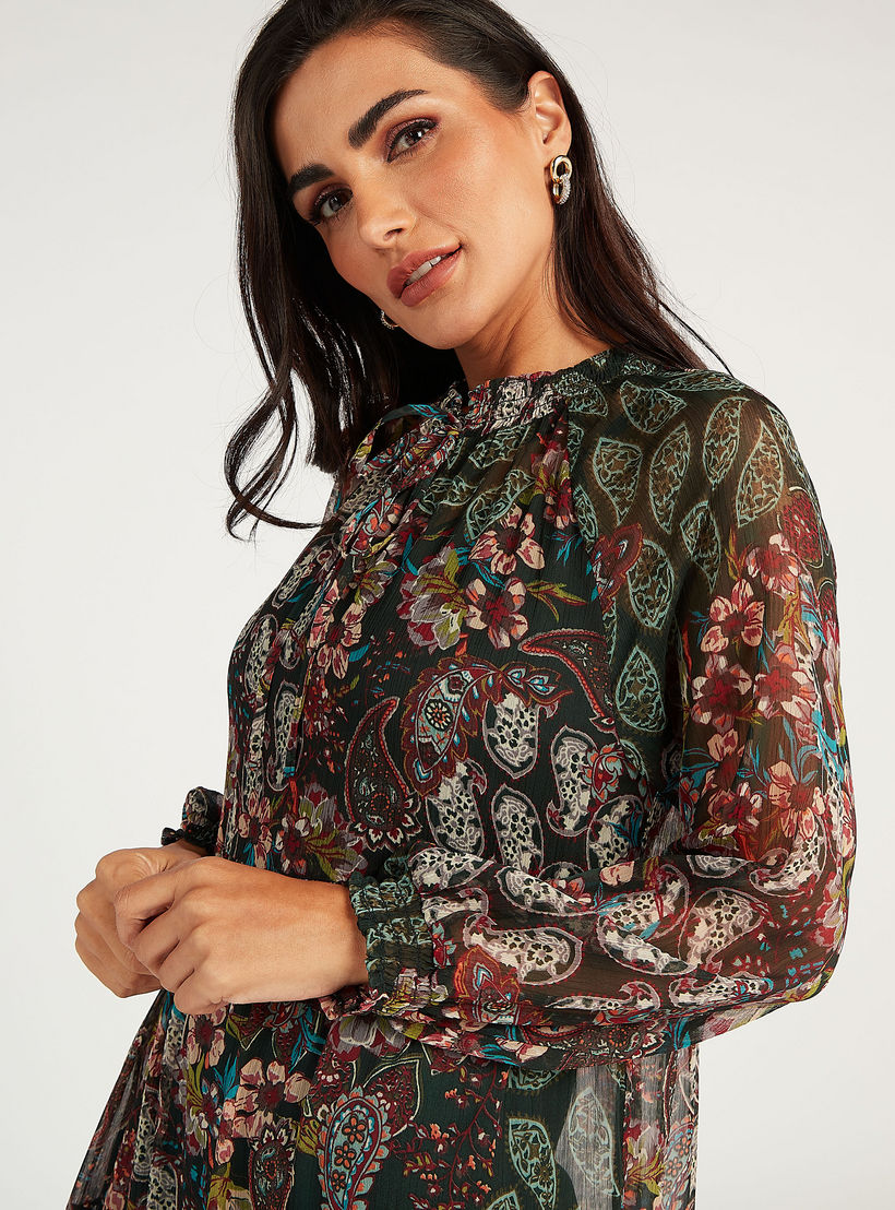 فستان إيه لاين طويل بأكمام طويلة وطبعات أزهار وربطة عنق-women-clothing-dresses-image-3