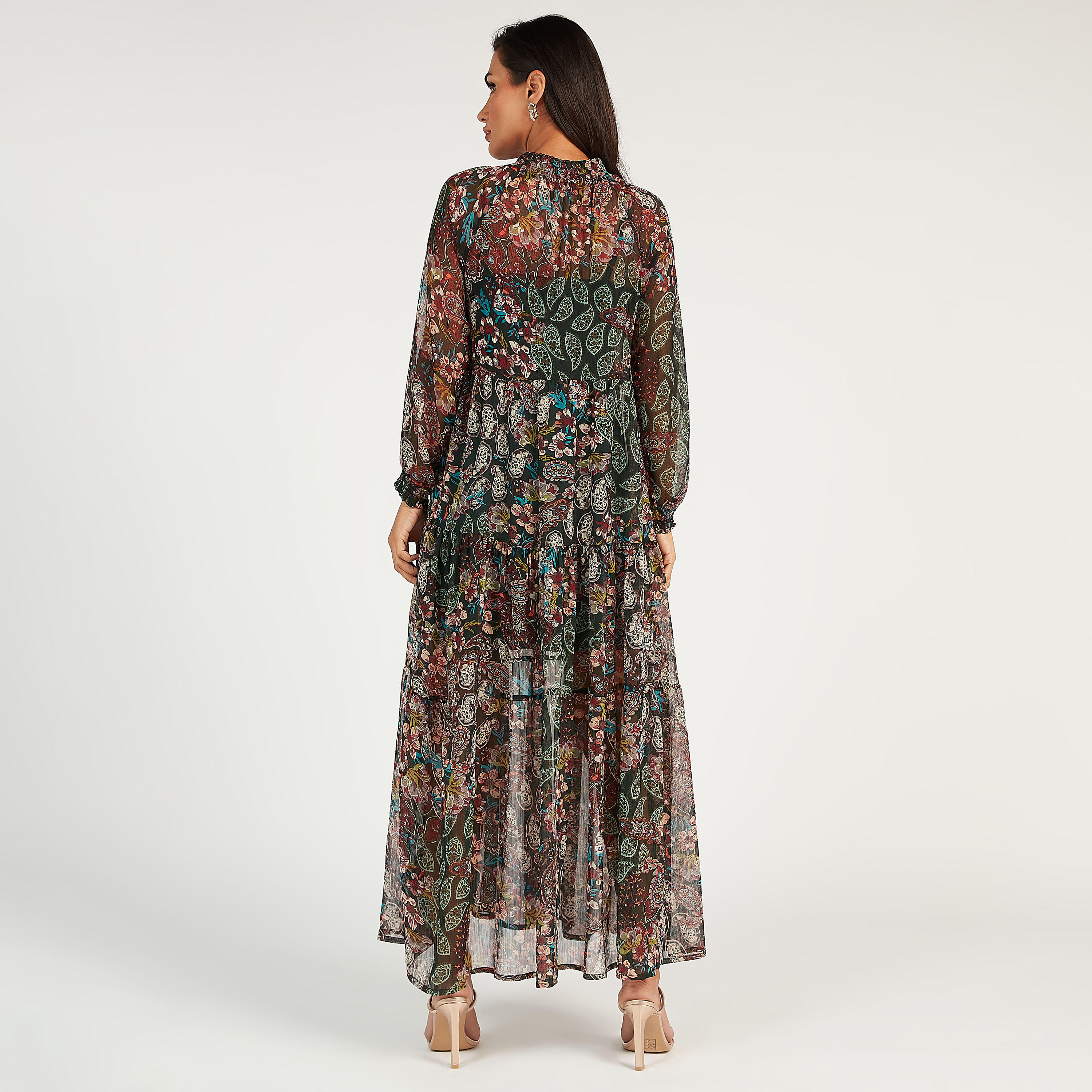 فستان إيه لاين طويل بأكمام طويلة وطبعات أزهار وربطة عنق-women-clothing-dresses-image-4