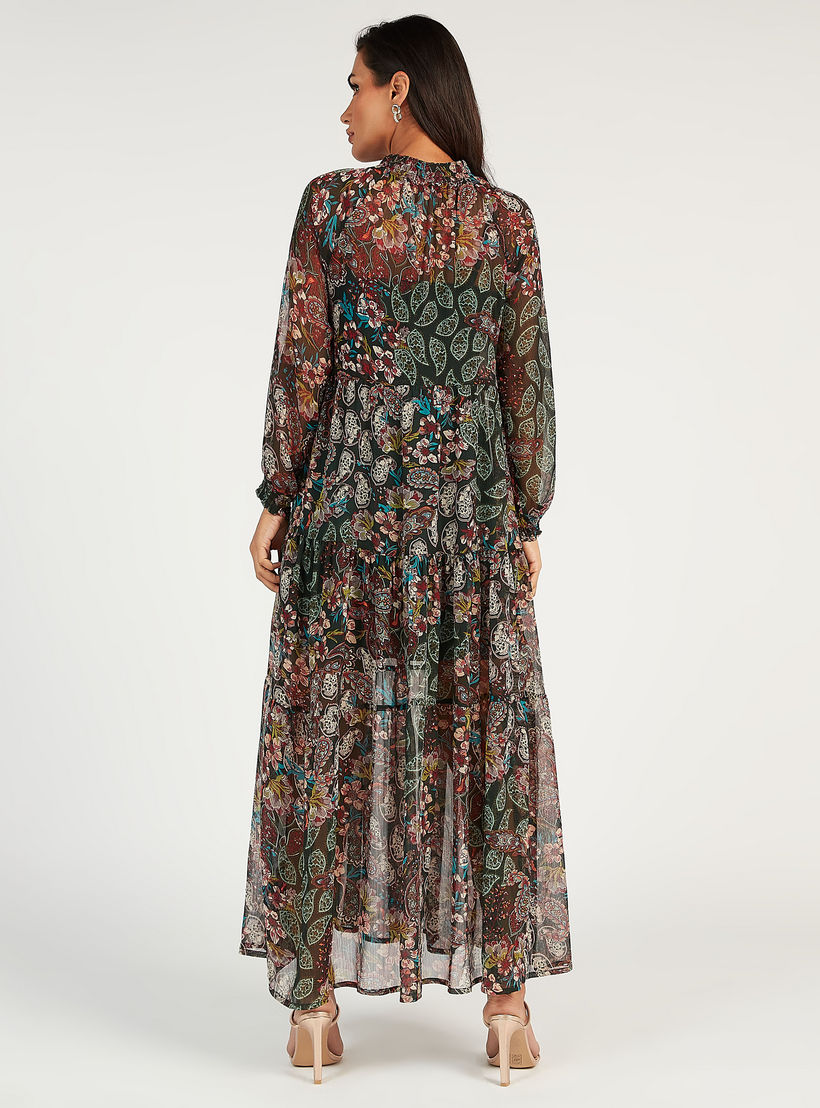 فستان إيه لاين طويل بأكمام طويلة وطبعات أزهار وربطة عنق-women-clothing-dresses-image-4