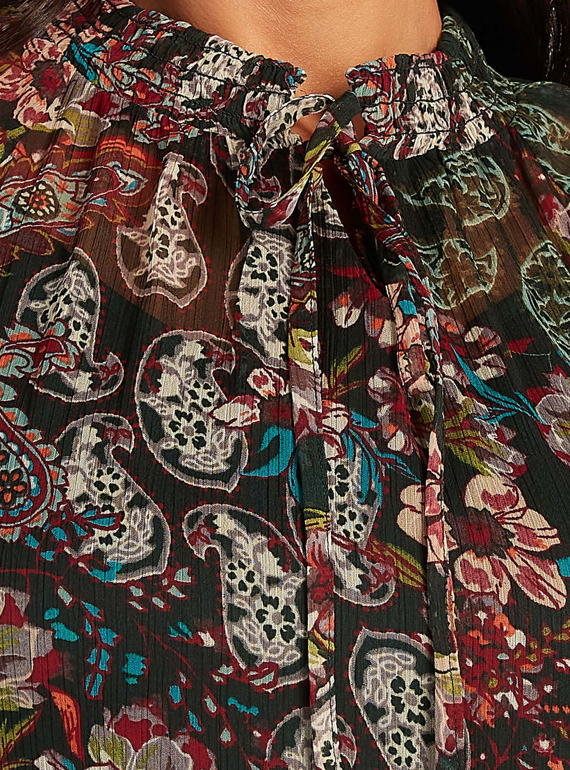 فستان إيه لاين طويل بأكمام طويلة وطبعات أزهار وربطة عنق-women-clothing-dresses-image-5