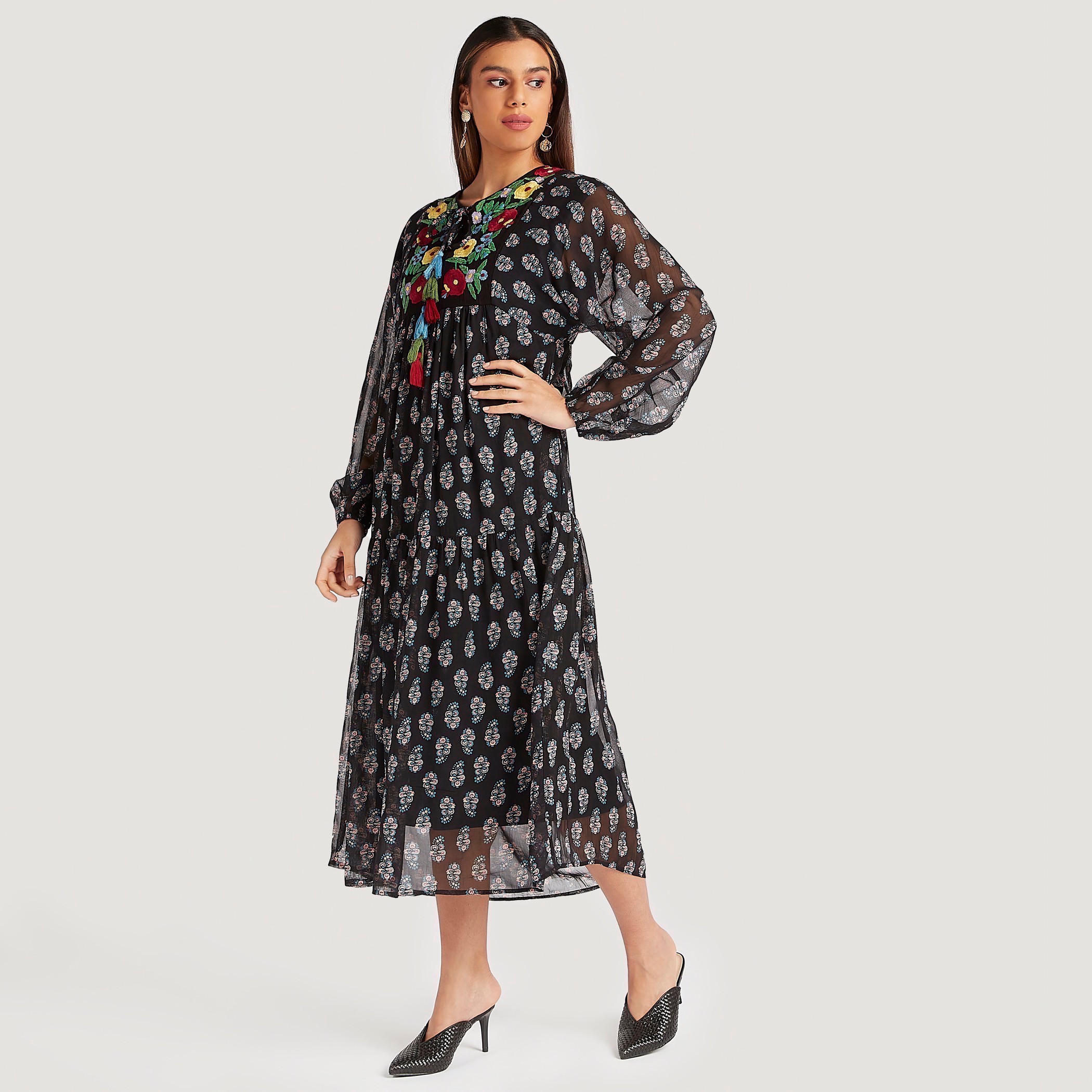 فستان مطرّز إيه لاين متوسط الطول بأكمام طويلة-women-clothing-dresses-image-2