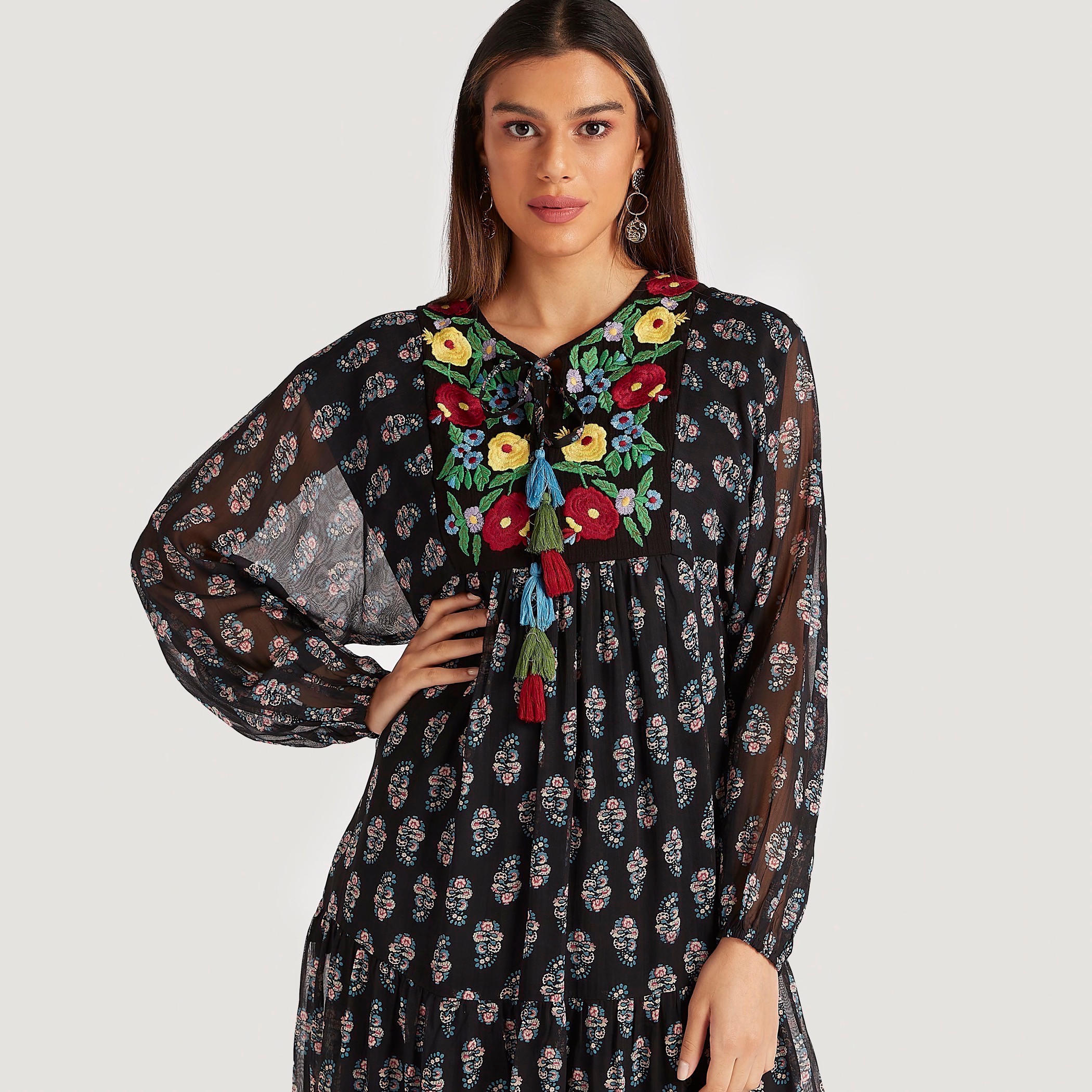 فستان مطرّز إيه لاين متوسط الطول بأكمام طويلة-women-clothing-dresses-image-5