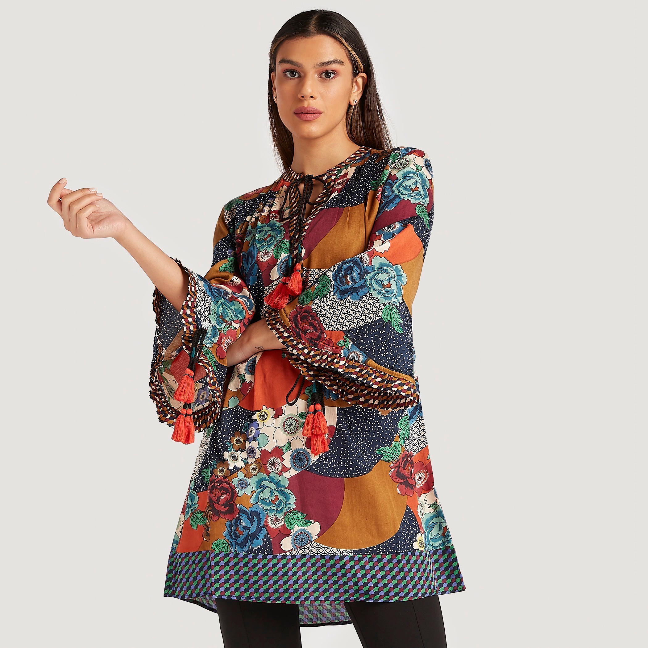 Printed Tunic with Flared Sleeves and Neck Tie-Ups-women-clothing-shirtsandblouses-blouses-image-1