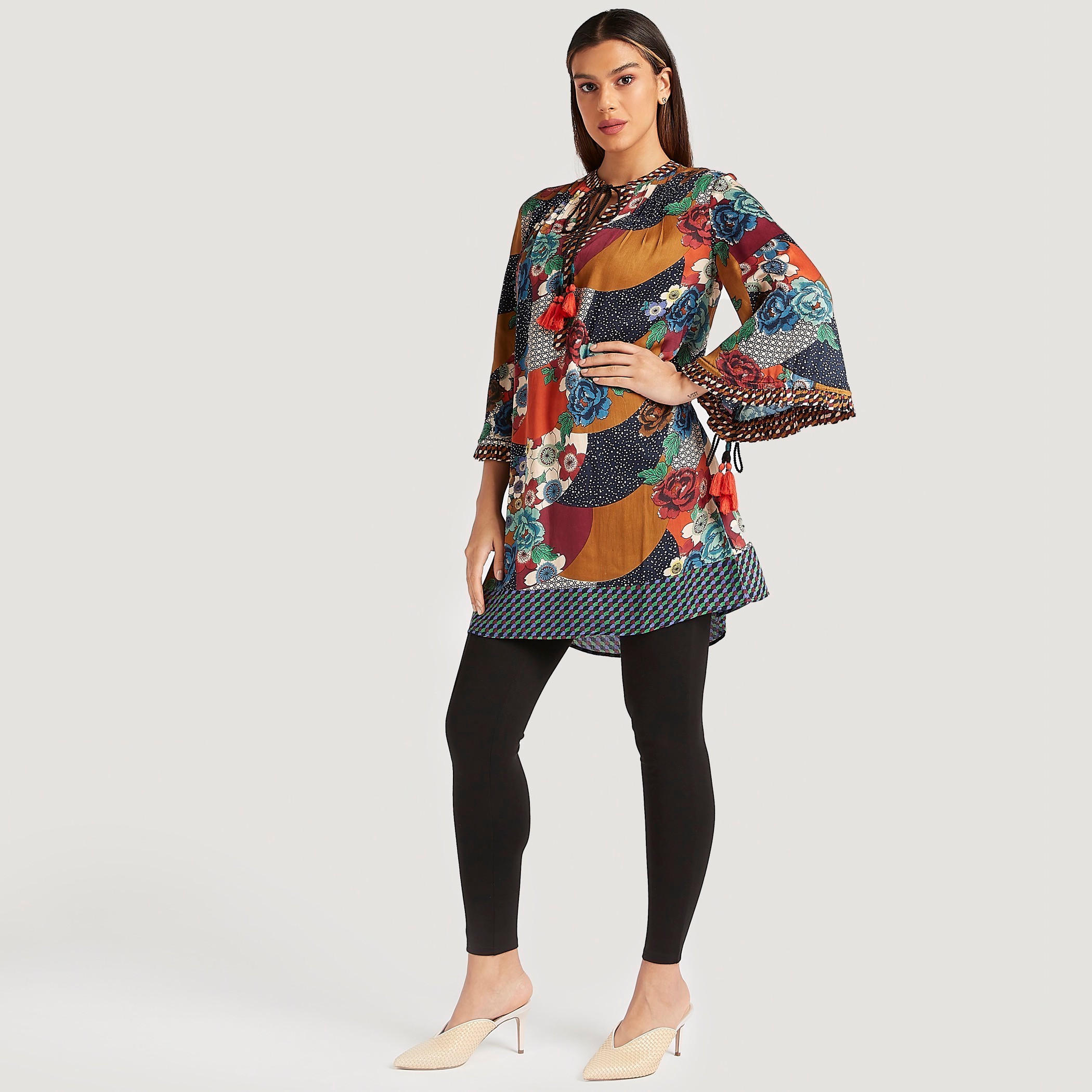 Printed Tunic with Flared Sleeves and Neck Tie-Ups-women-clothing-shirtsandblouses-blouses-image-2