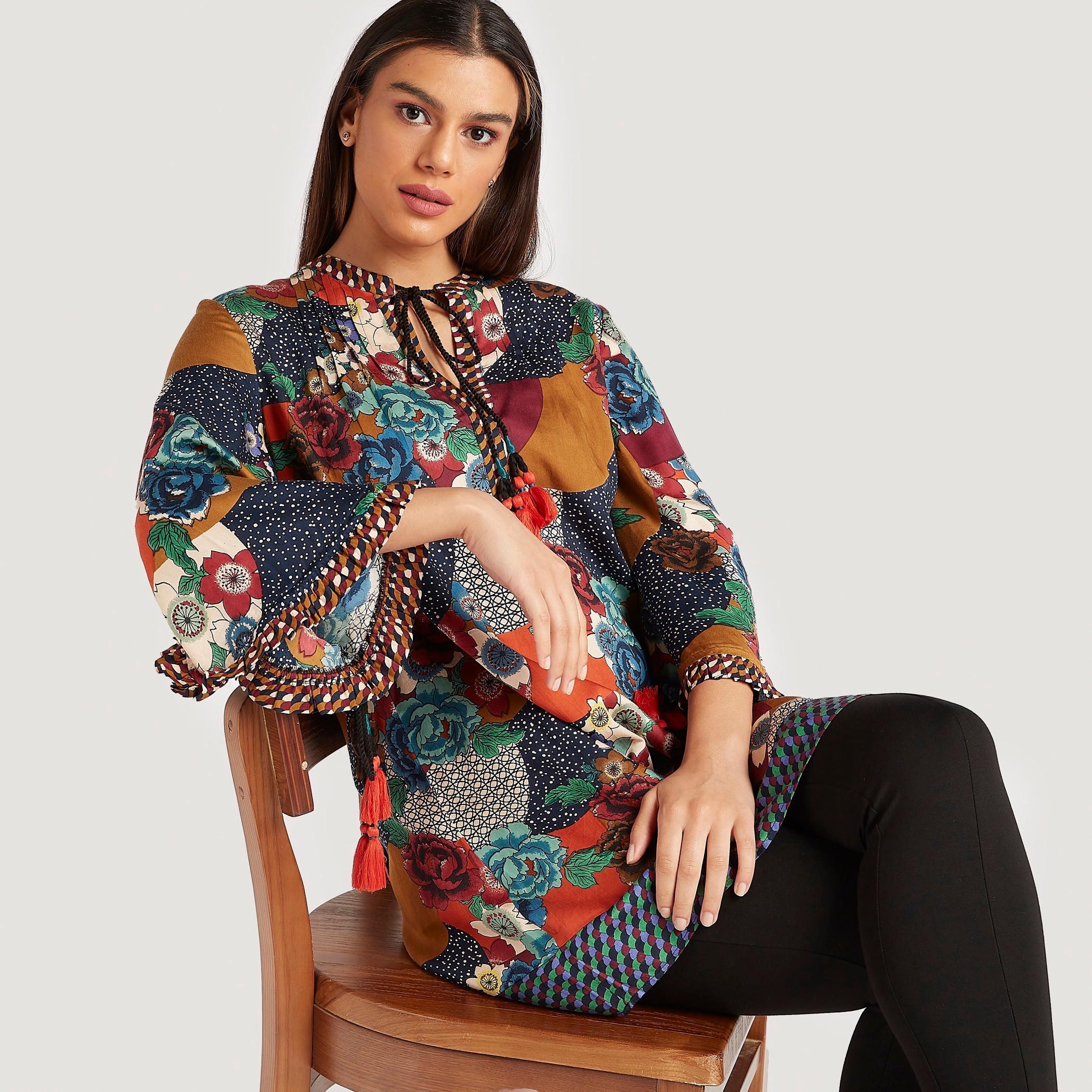 Printed Tunic with Flared Sleeves and Neck Tie-Ups-women-clothing-shirtsandblouses-blouses-image-5