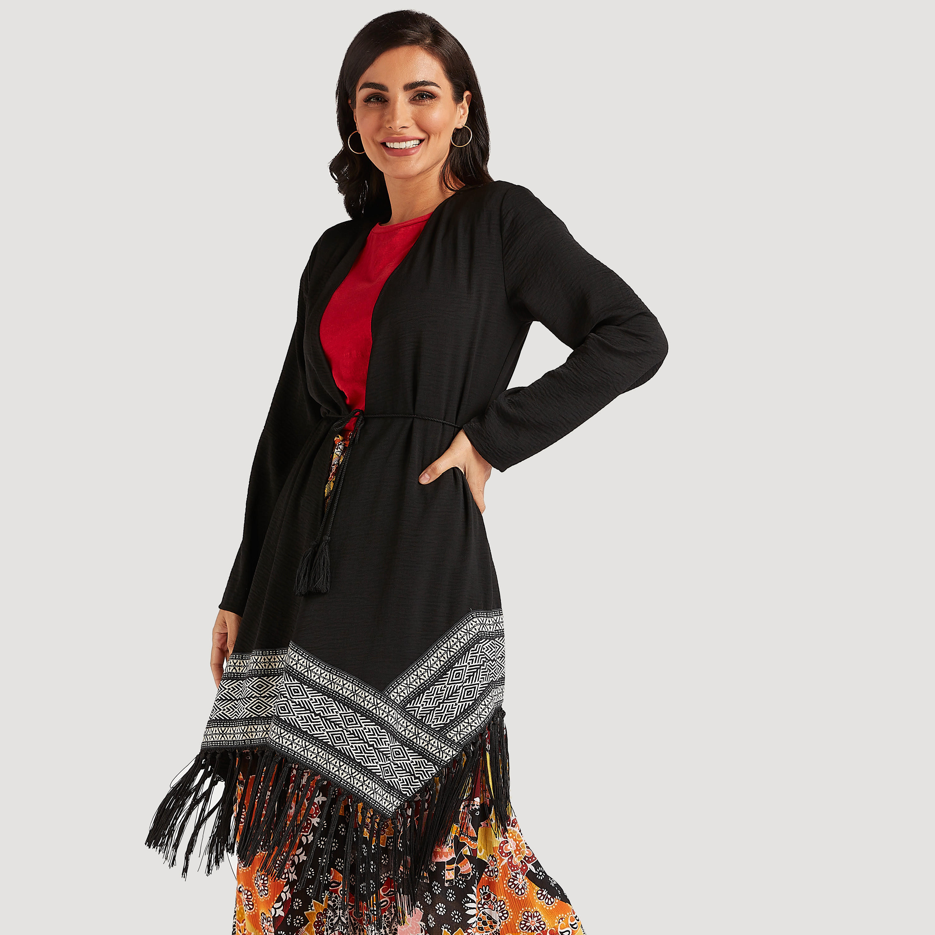 بونشو خفيف مطرّز بشراشيب وأكمام طويلة-women-winterwear-cardigansandjumpers-cardigans-image-1