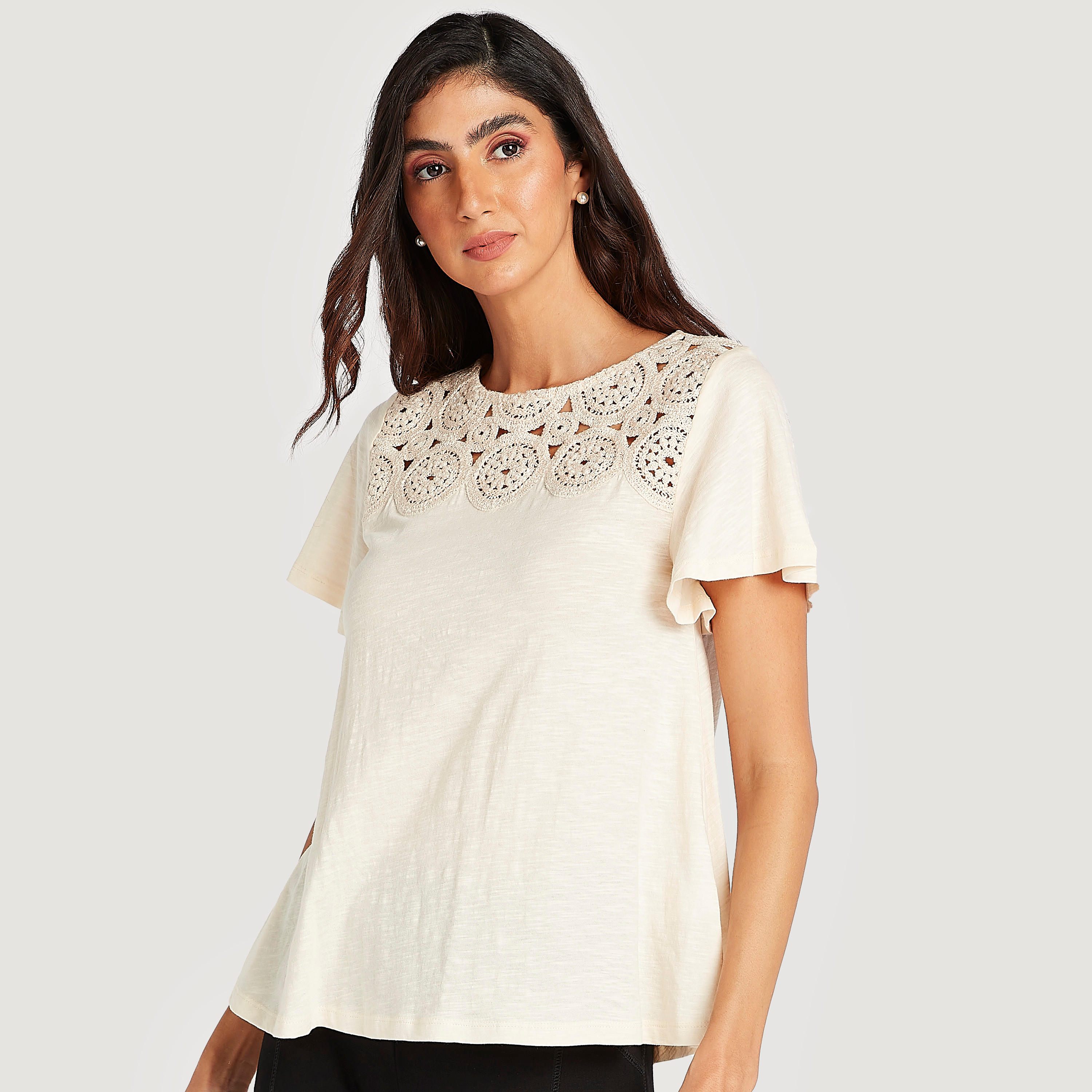 بلوزة بارزة الملمس بياقة ضيّقة مع أكمام قصيرة-women-clothing-shirtsandblouses-blouses-image-1