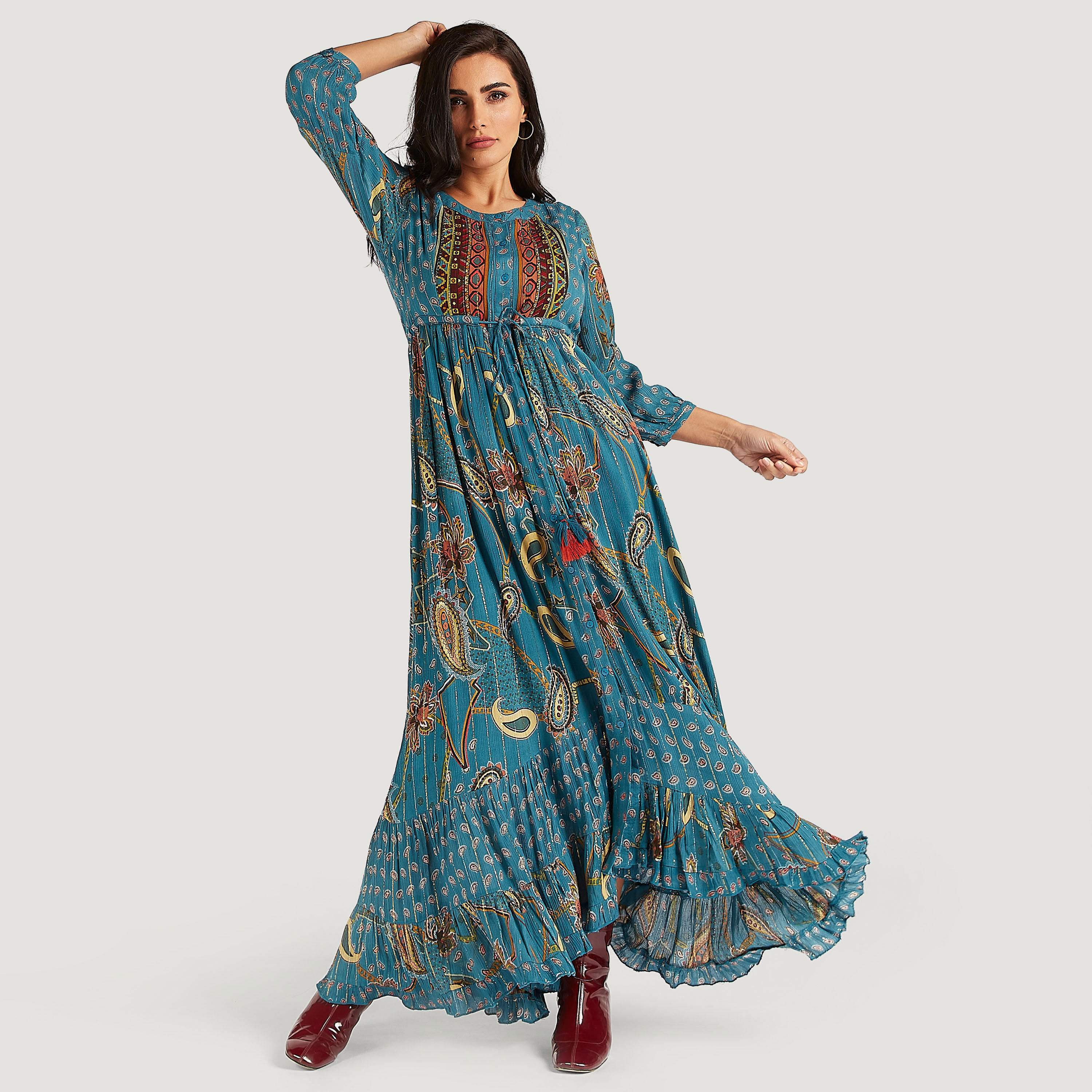 فستان إيه لاين طويل بطبعات ورباط على الخصر-women-clothing-dresses-image-1