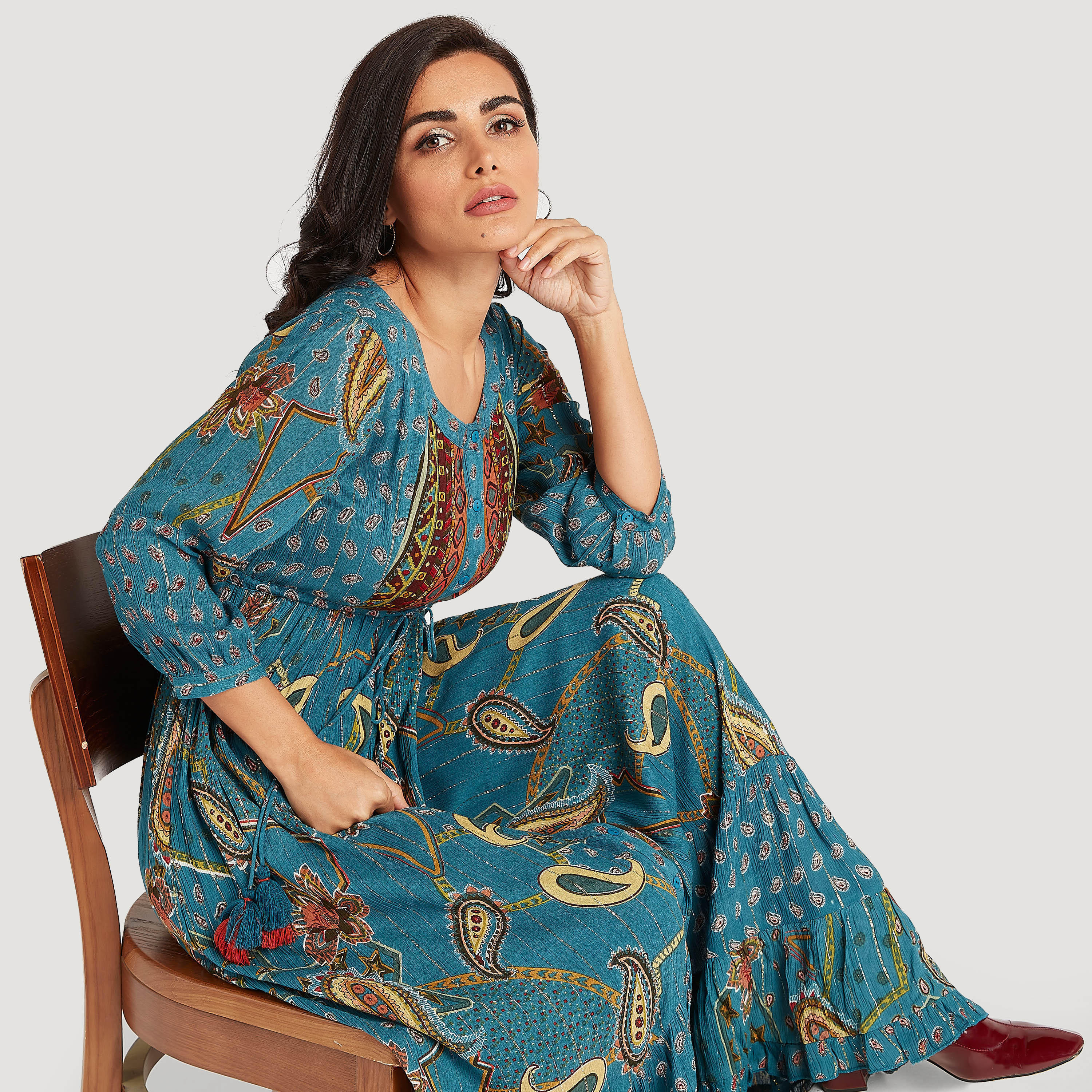 فستان إيه لاين طويل بطبعات ورباط على الخصر-women-clothing-dresses-image-2