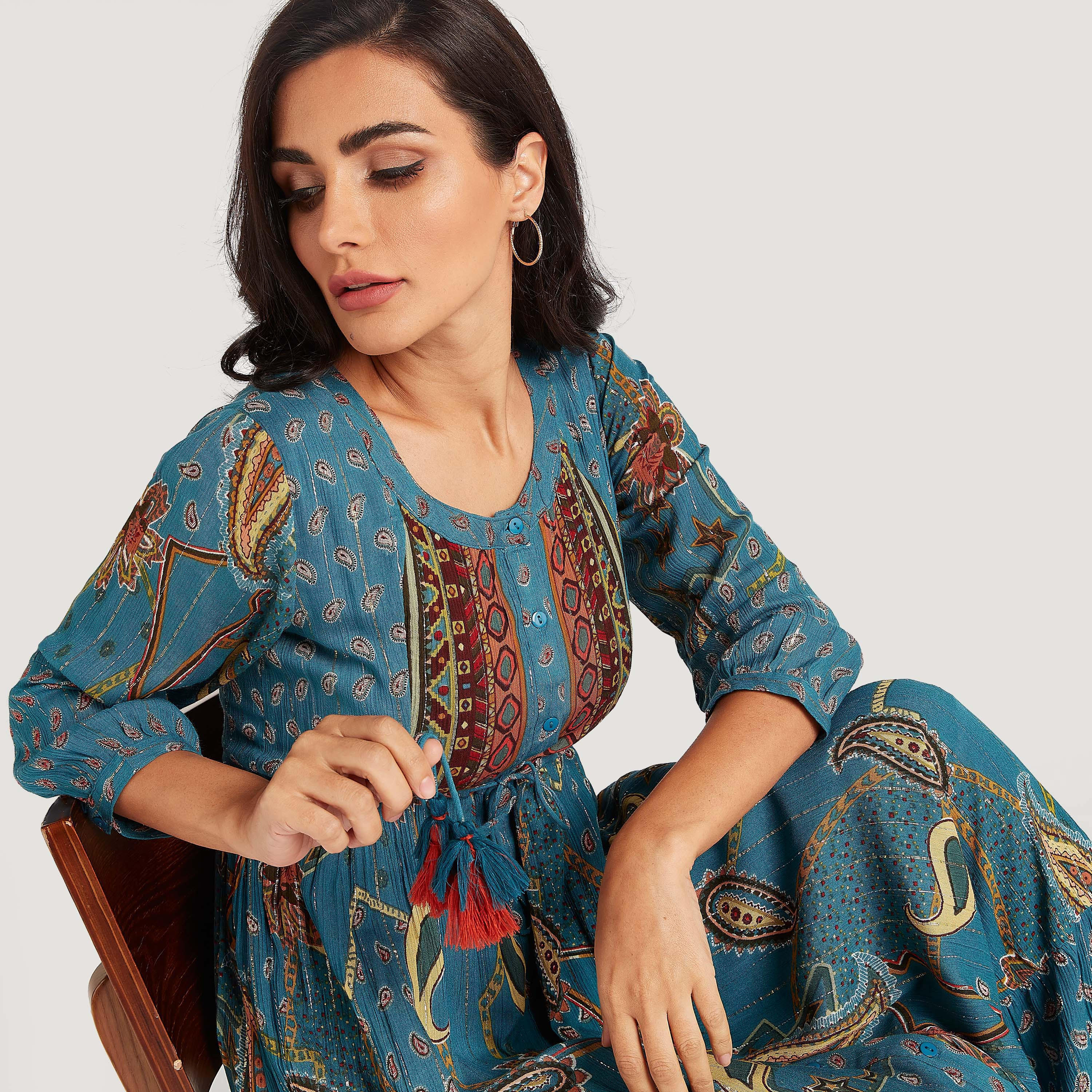 فستان إيه لاين طويل بطبعات ورباط على الخصر-women-clothing-dresses-image-5