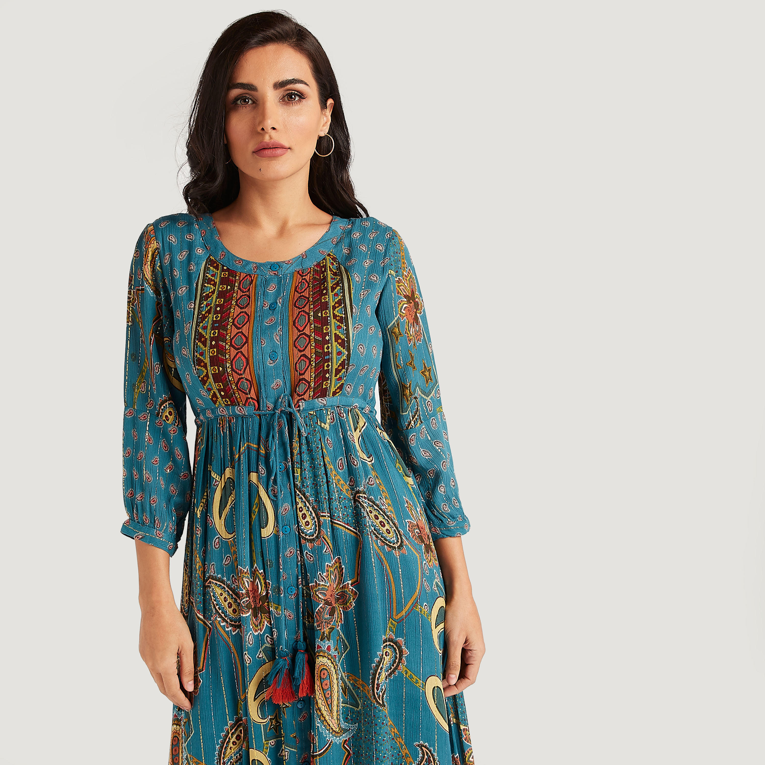 فستان إيه لاين طويل بطبعات ورباط على الخصر-women-clothing-dresses-image-6
