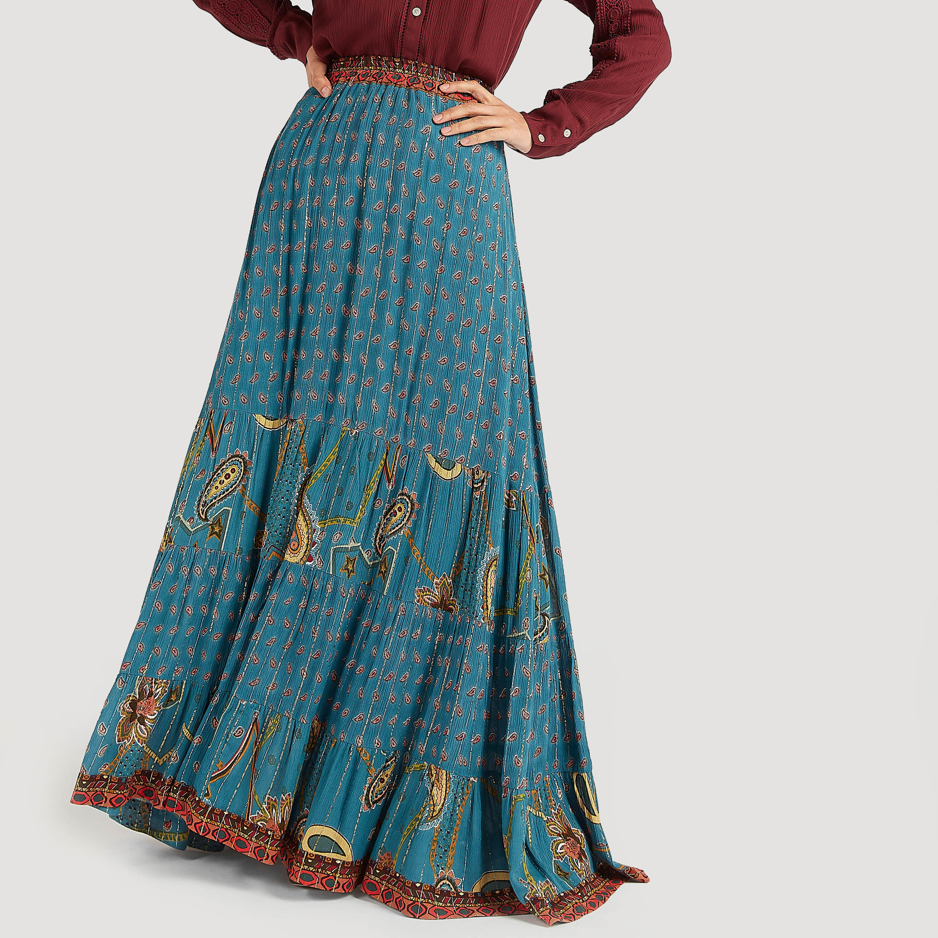 Printed A-line Maxi Skirt with Elasticated Waistband-women-clothing-bottoms-skirts-image-1