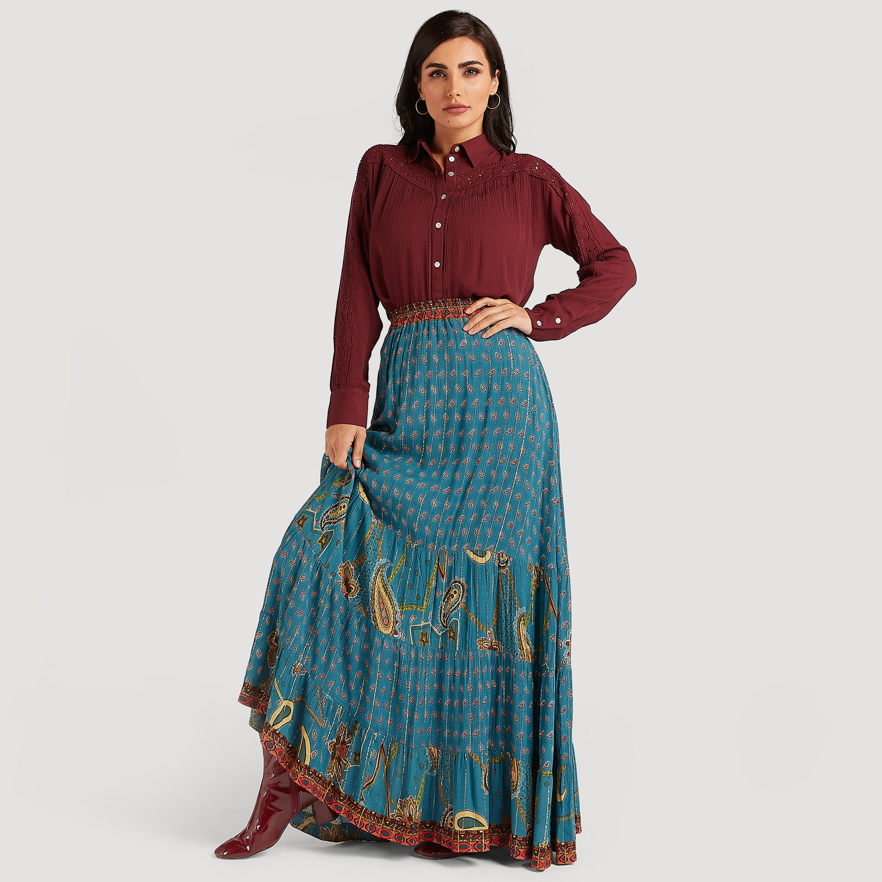 Printed A-line Maxi Skirt with Elasticated Waistband-women-clothing-bottoms-skirts-image-2
