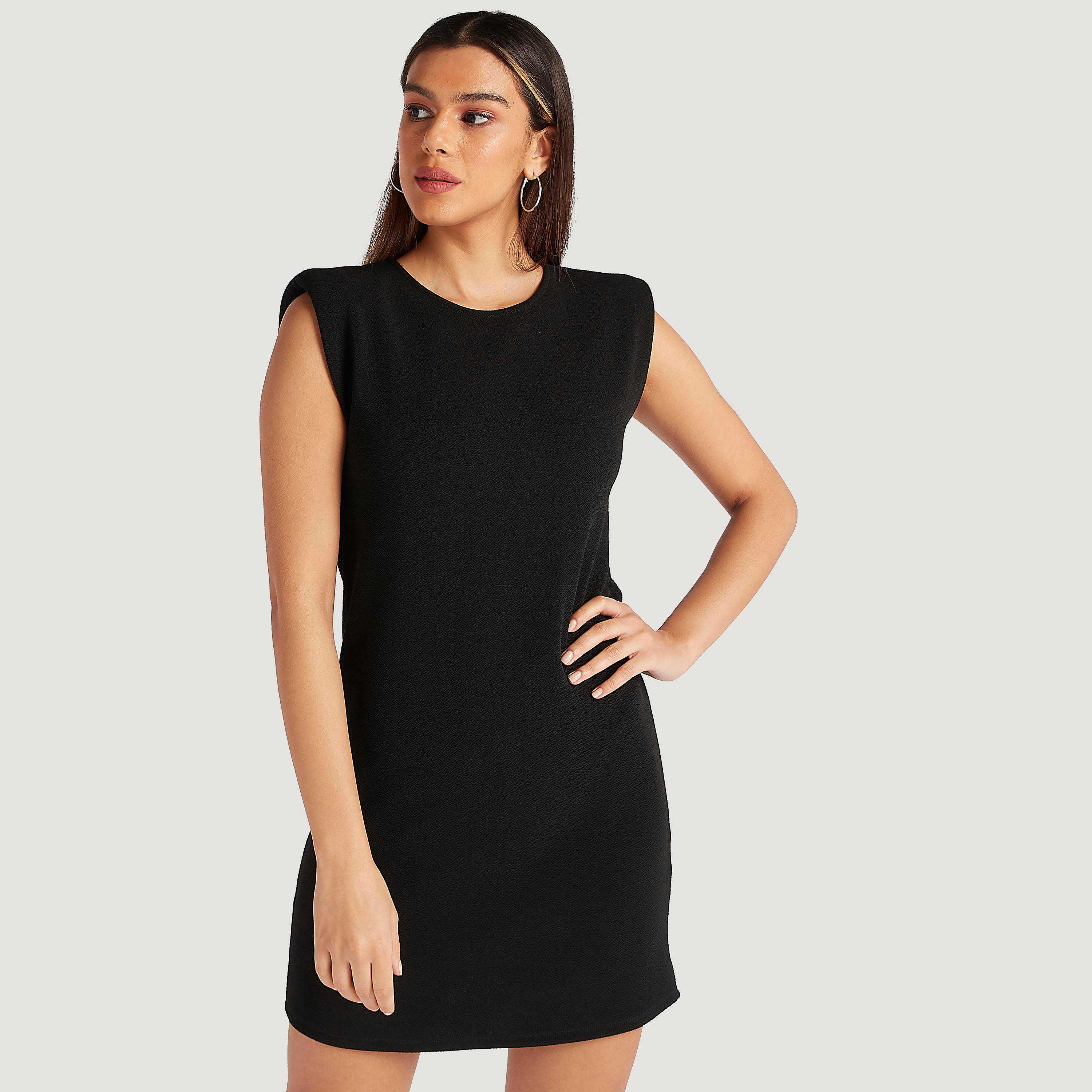 فستان واسع قصير سادة دون أكمام بياقة مستديرة-women-clothing-dresses-image-1