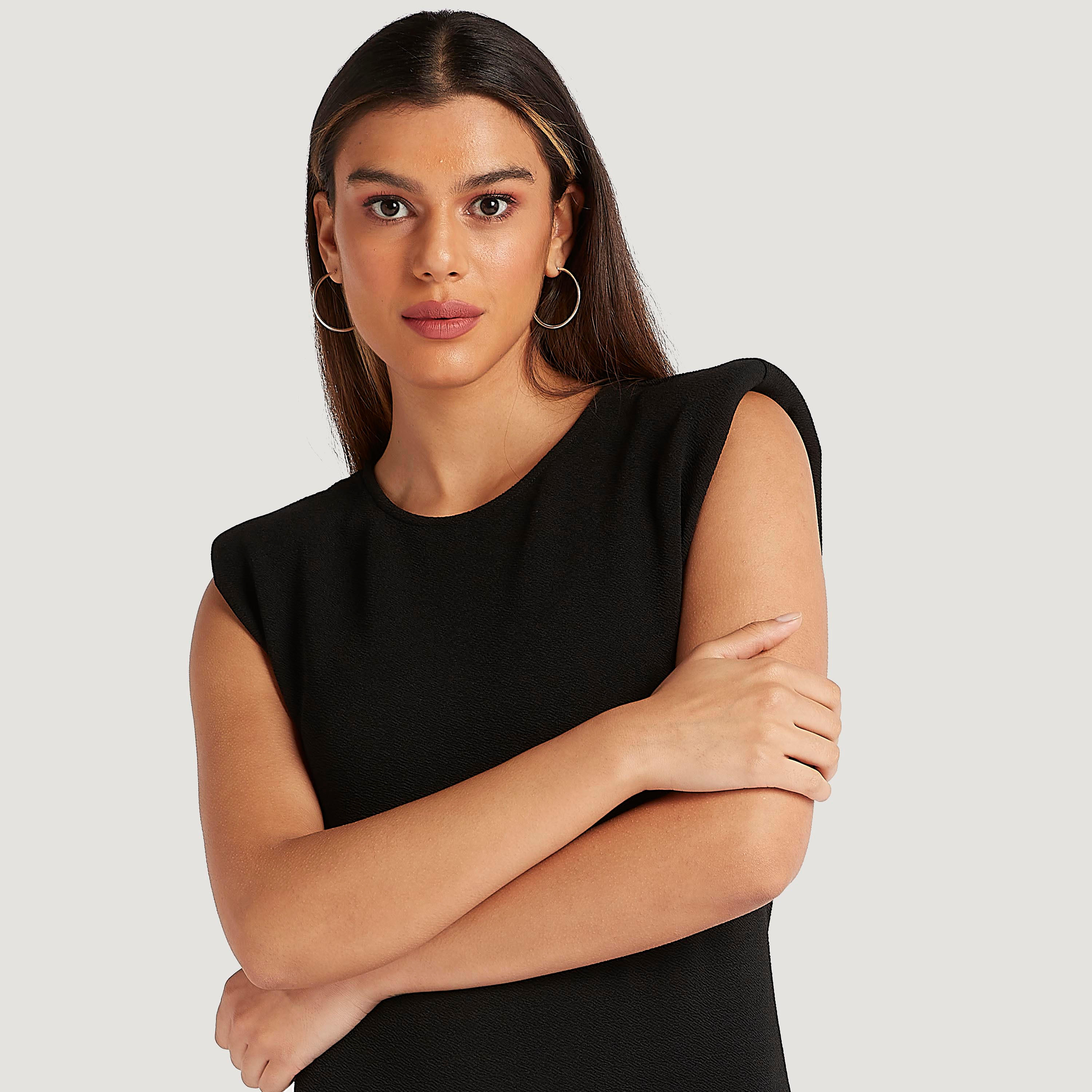 فستان واسع قصير سادة دون أكمام بياقة مستديرة-women-clothing-dresses-image-3