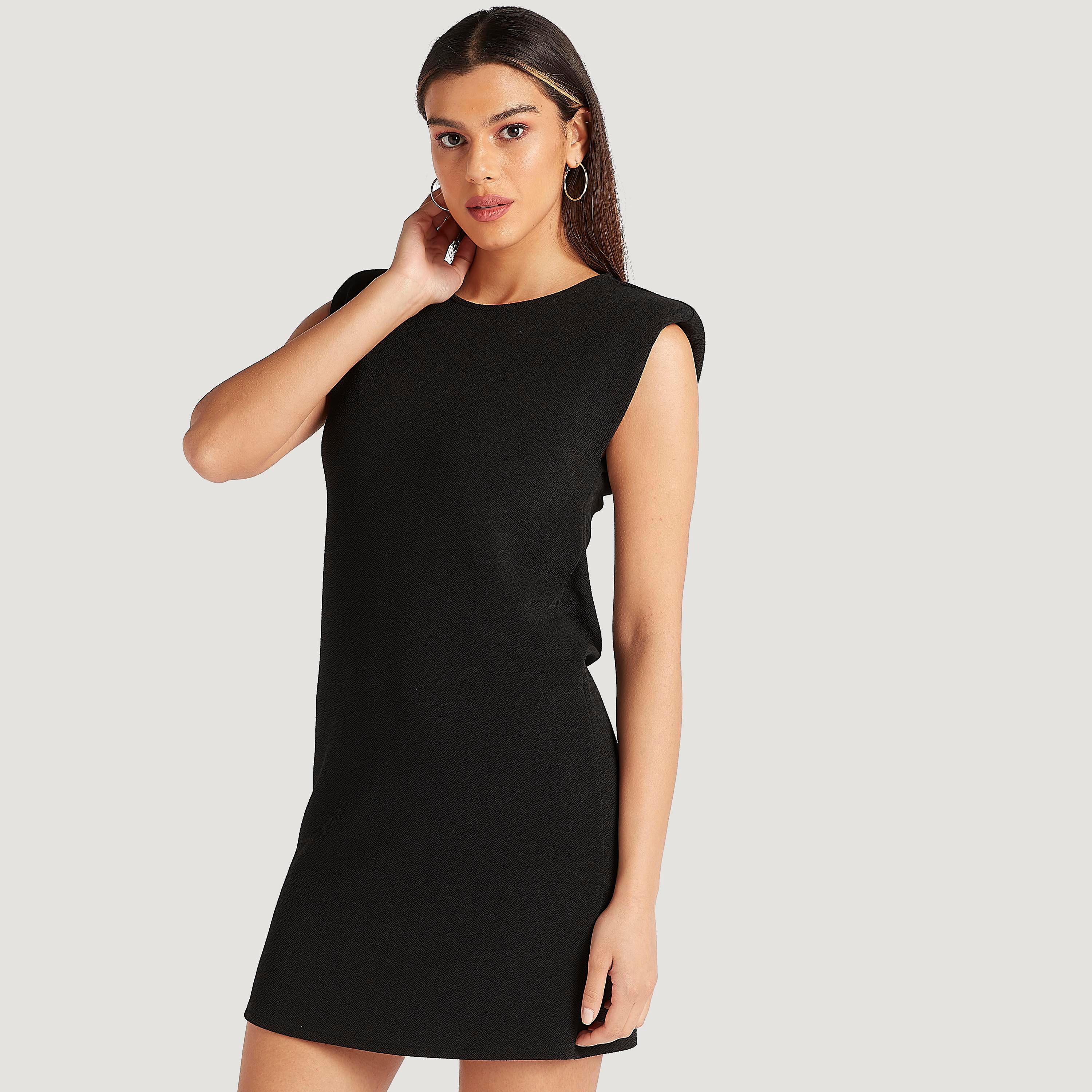 فستان واسع قصير سادة دون أكمام بياقة مستديرة-women-clothing-dresses-image-5