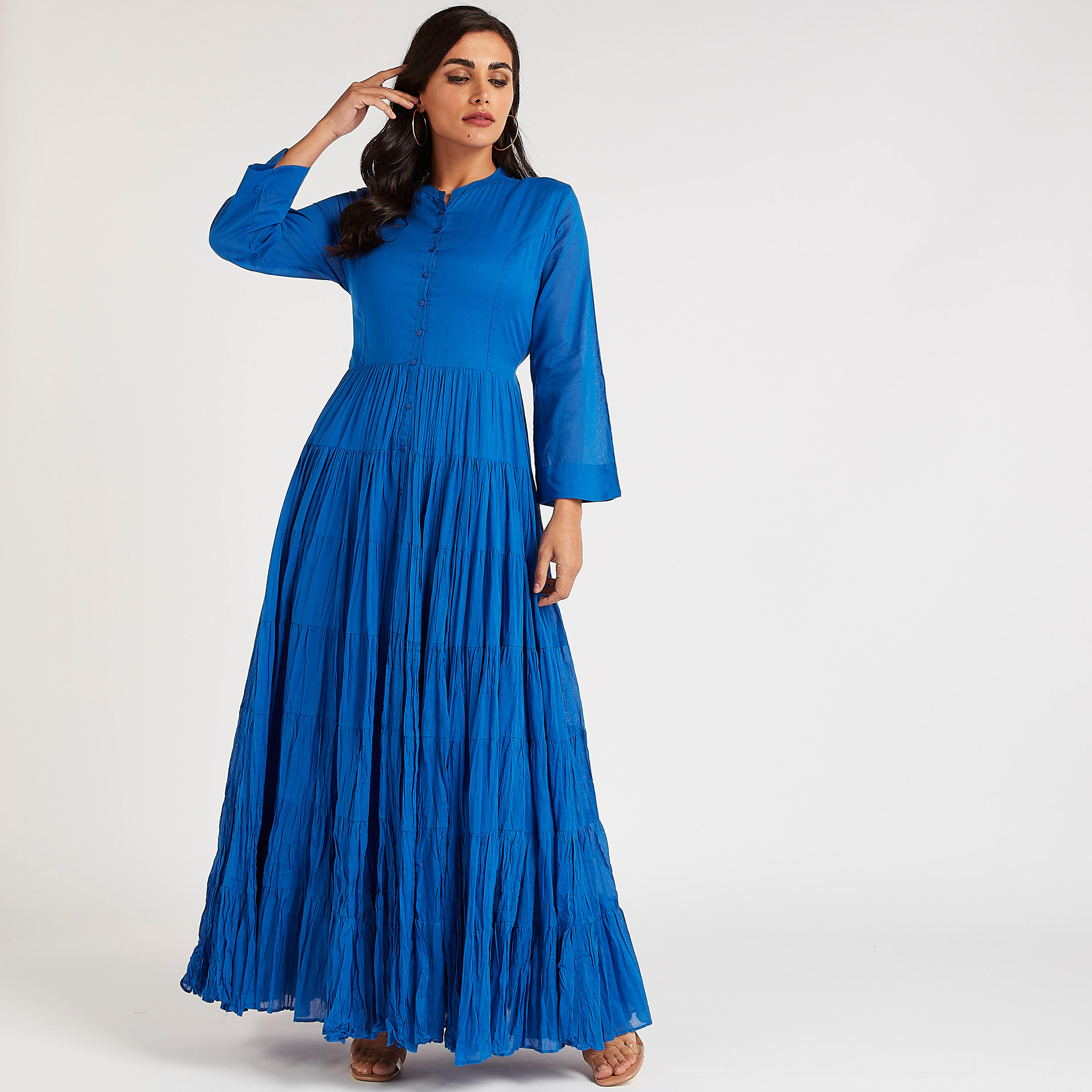 فستان إيه لاين طويل بارز الملمس بأكمام طويلة وأربطة-women-clothing-dresses-image-1