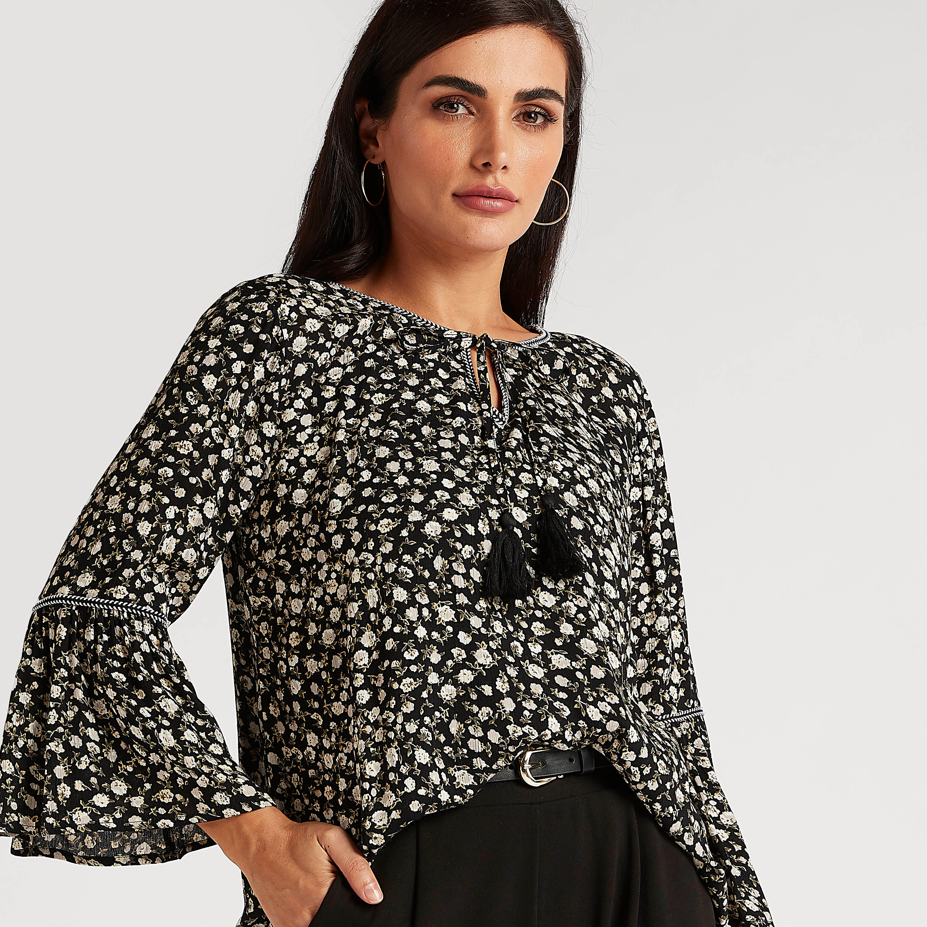 Printed Top with Flared Sleeves and Neck Tie-Ups-women-clothing-shirtsandblouses-blouses-image-1