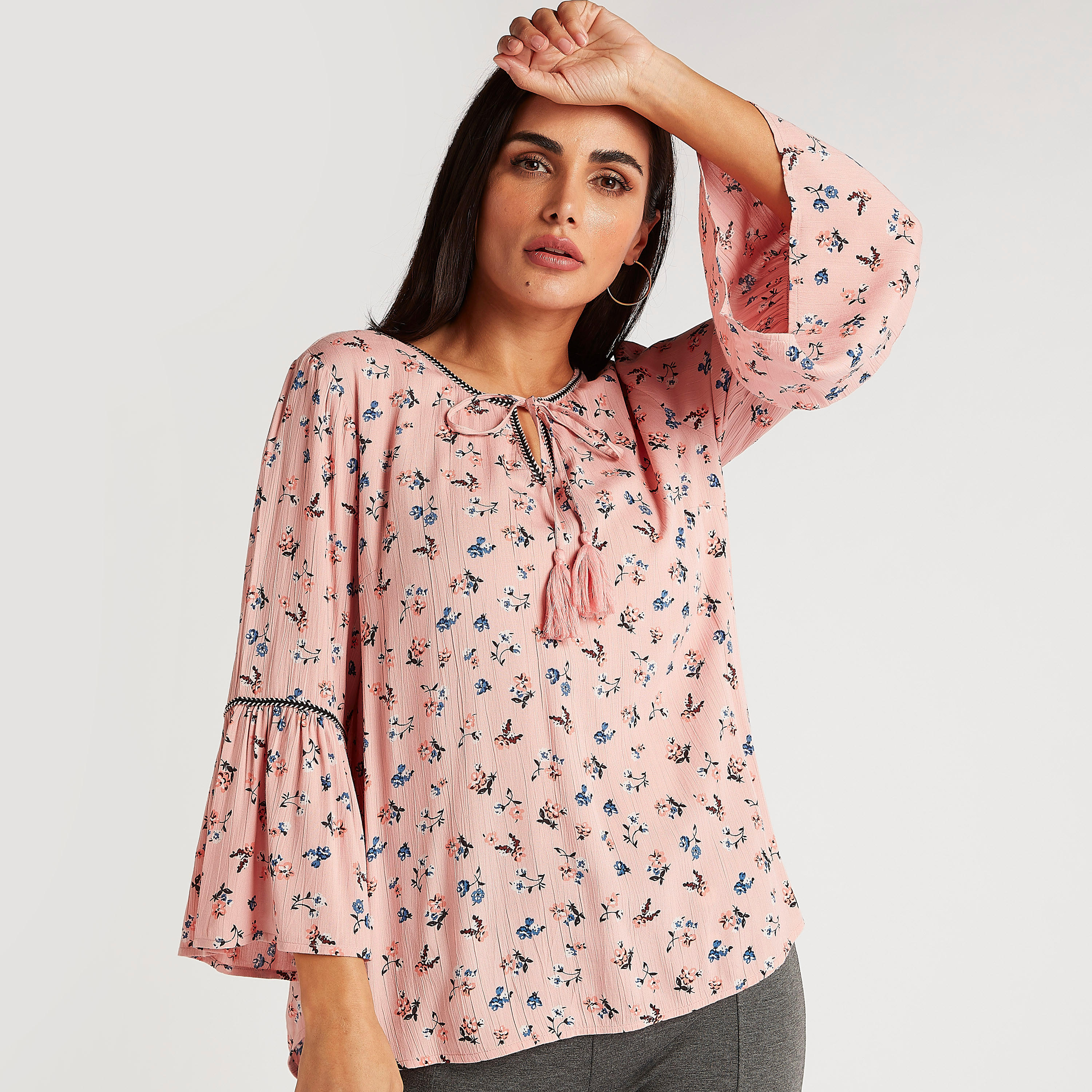 Floral Print Top with Flared Sleeves and Neck Tie-Ups-women-clothing-shirtsandblouses-blouses-image-1