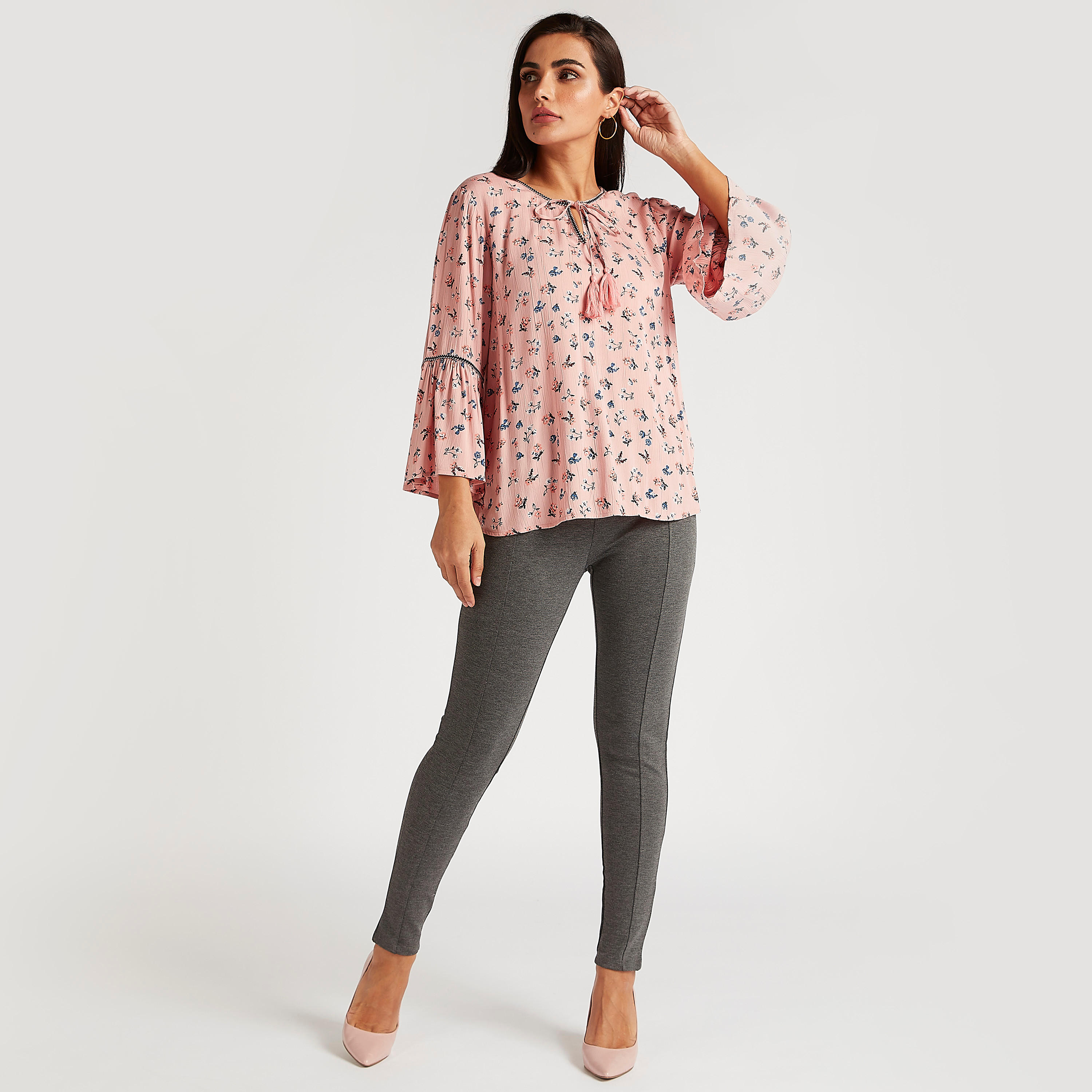 Floral Print Top with Flared Sleeves and Neck Tie-Ups-women-clothing-shirtsandblouses-blouses-image-2