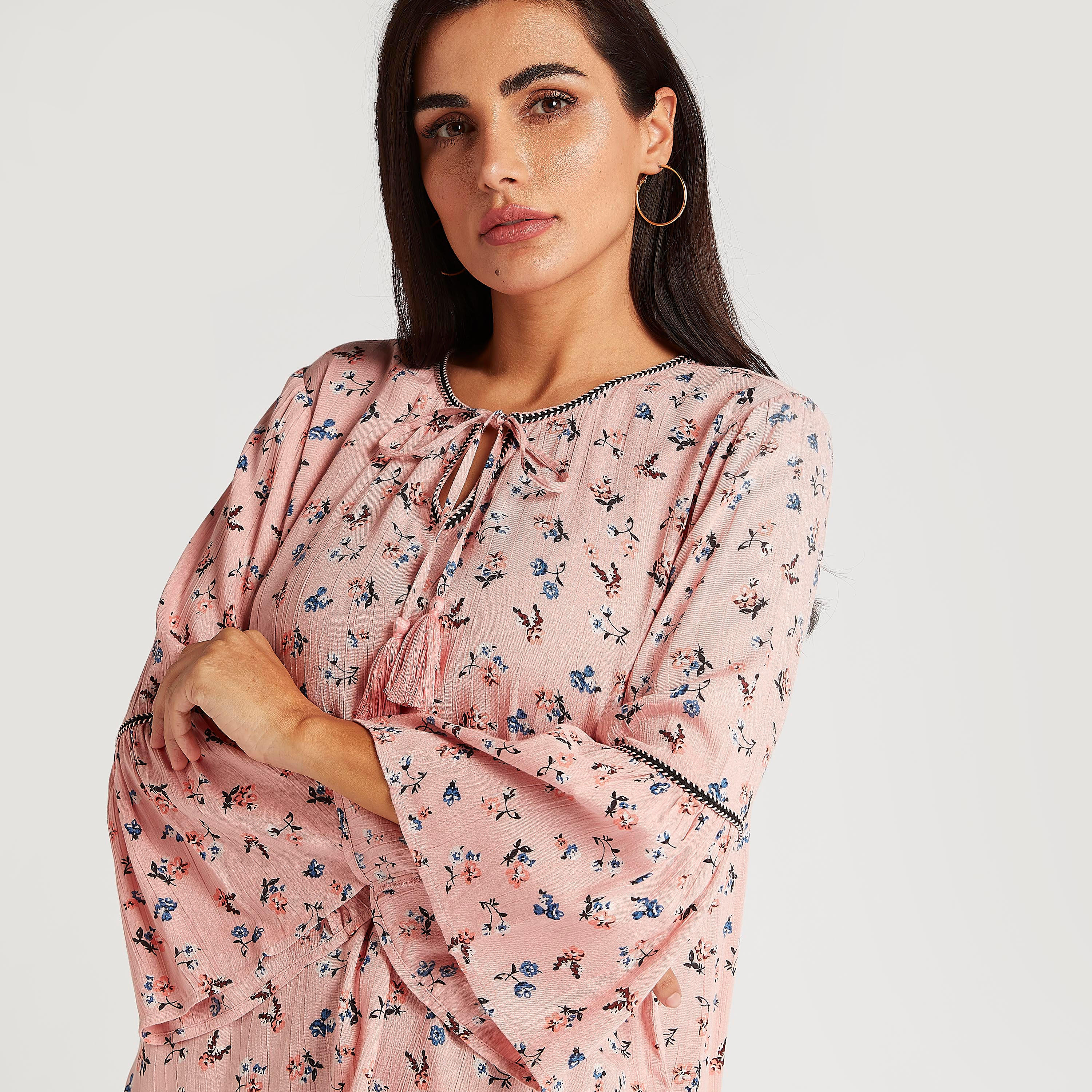 Floral Print Top with Flared Sleeves and Neck Tie-Ups-women-clothing-shirtsandblouses-blouses-image-3