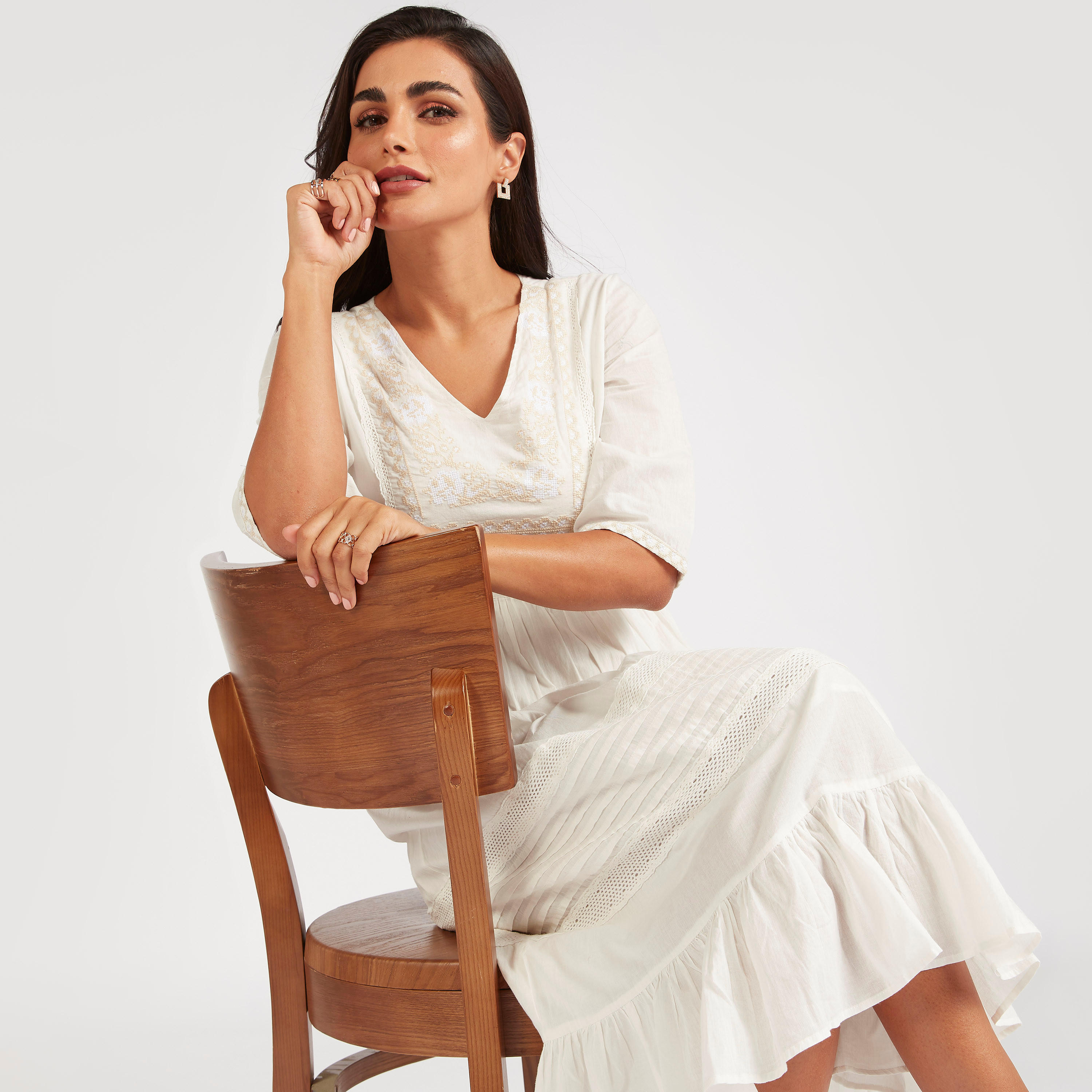 Embroidered Midi A-line Dress with Short Sleeves-women-clothing-dresses-image-1