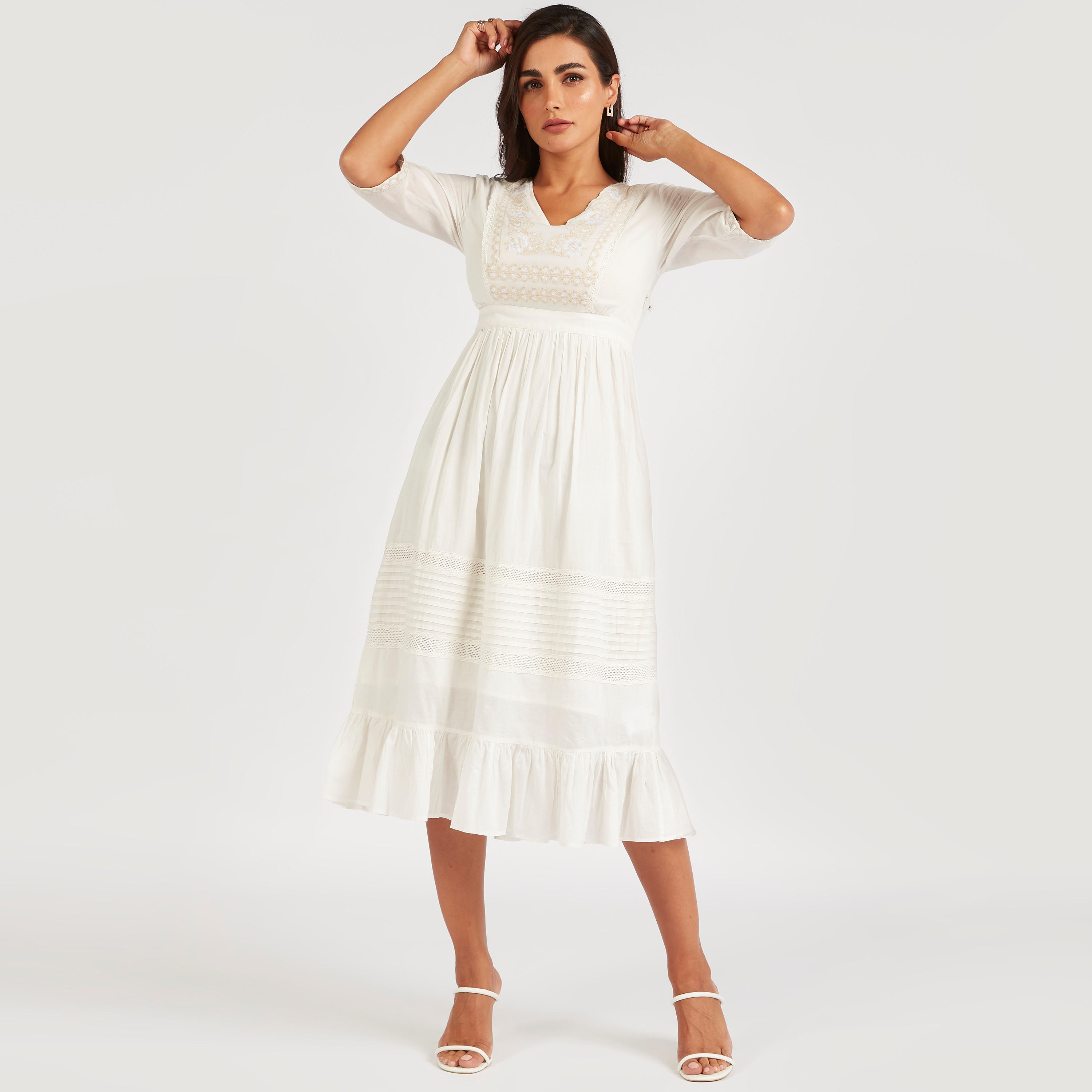 Embroidered Midi A-line Dress with Short Sleeves-women-clothing-dresses-image-2