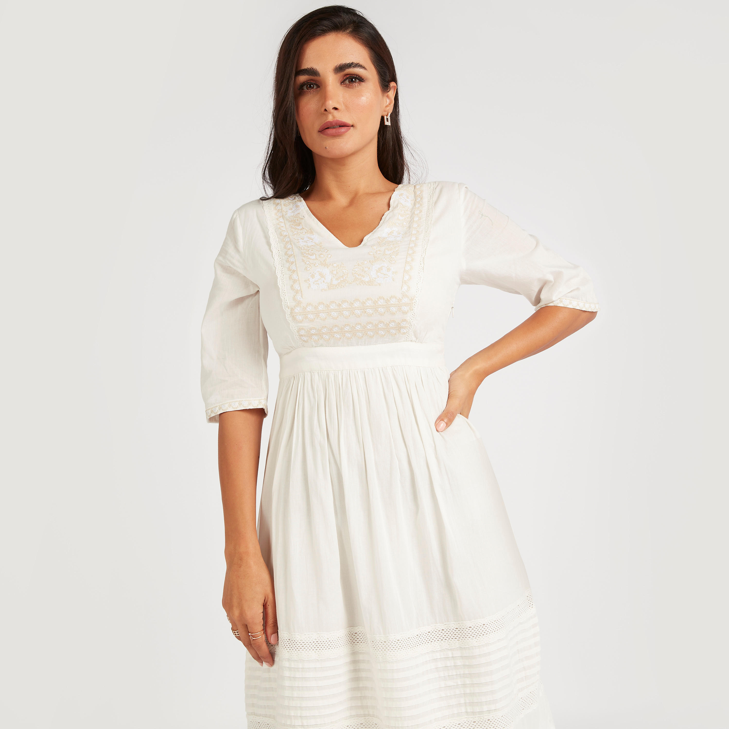 Embroidered Midi A-line Dress with Short Sleeves-women-clothing-dresses-image-5