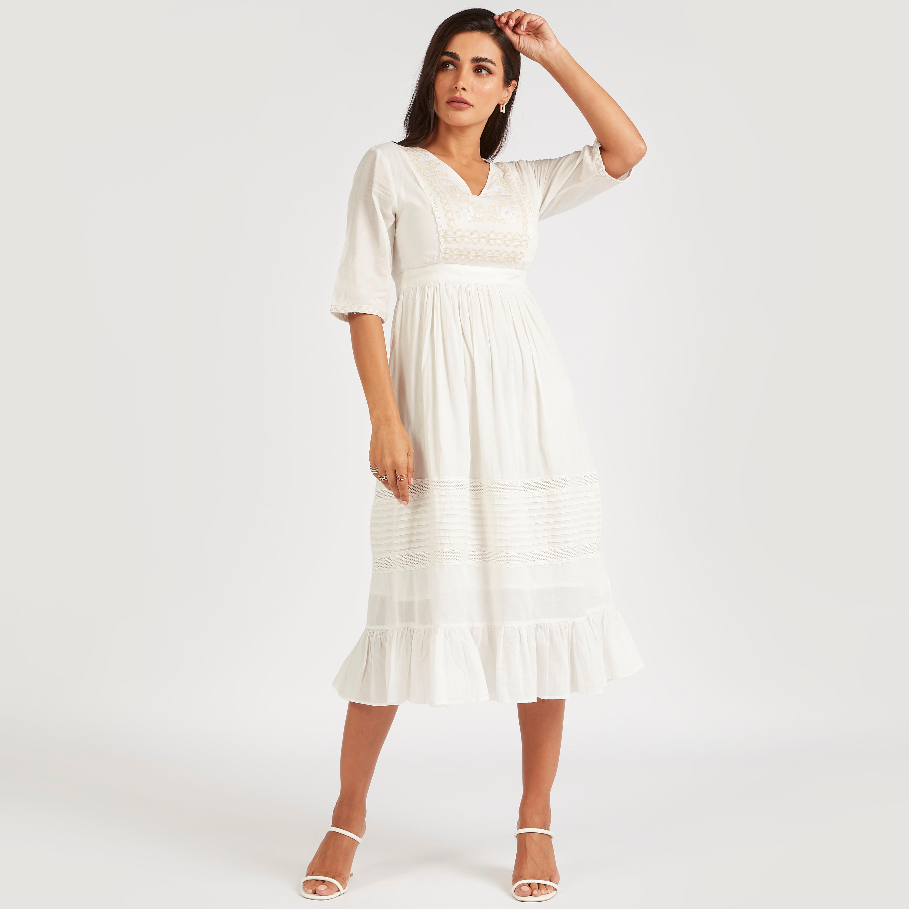 Embroidered Midi A-line Dress with Short Sleeves-women-clothing-dresses-image-6