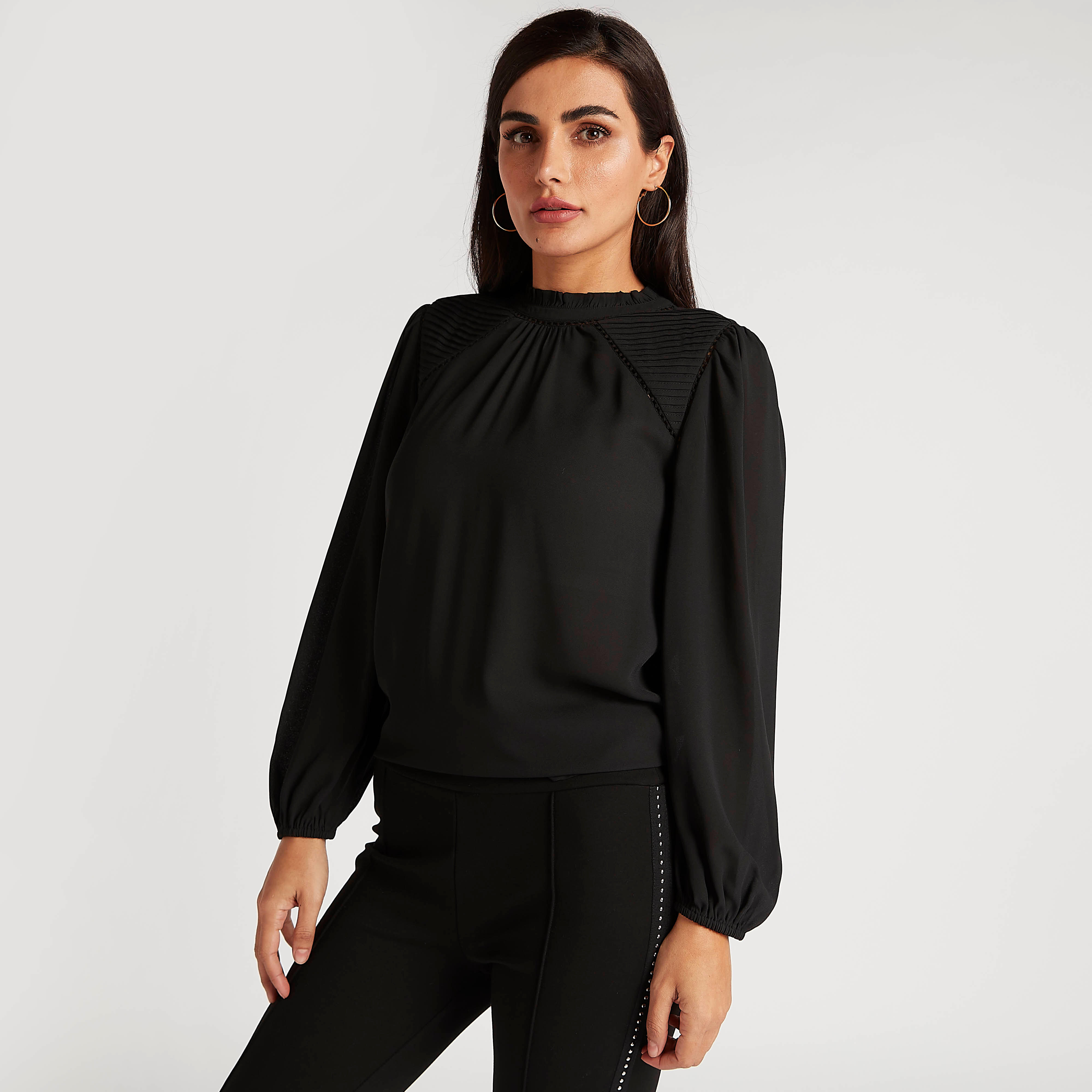 بلوزة بارزة الملمس بياقة عالية وأكمام طويلة-women-clothing-shirtsandblouses-blouses-image-6