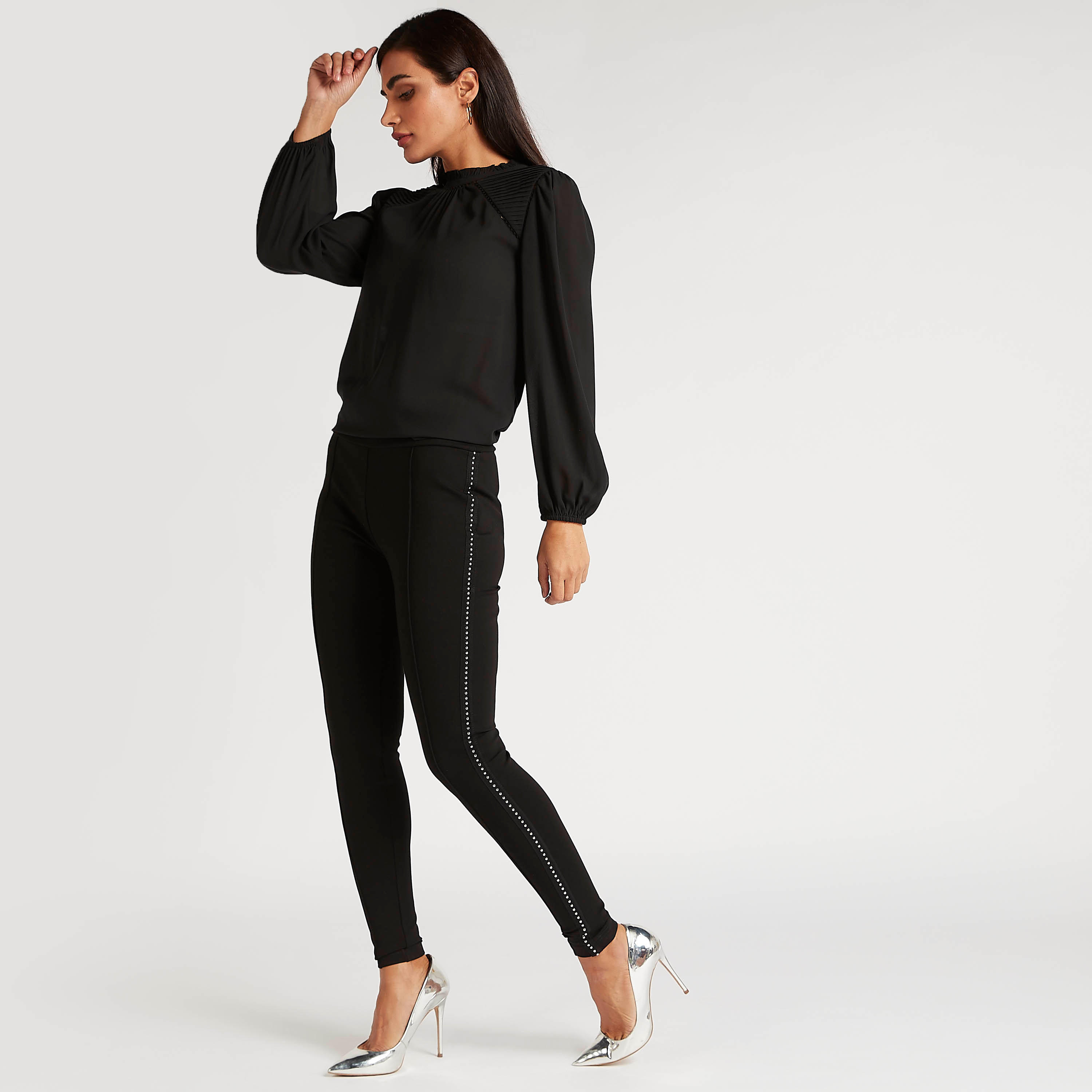 بلوزة بارزة الملمس بياقة عالية وأكمام طويلة-women-clothing-shirtsandblouses-blouses-image-5