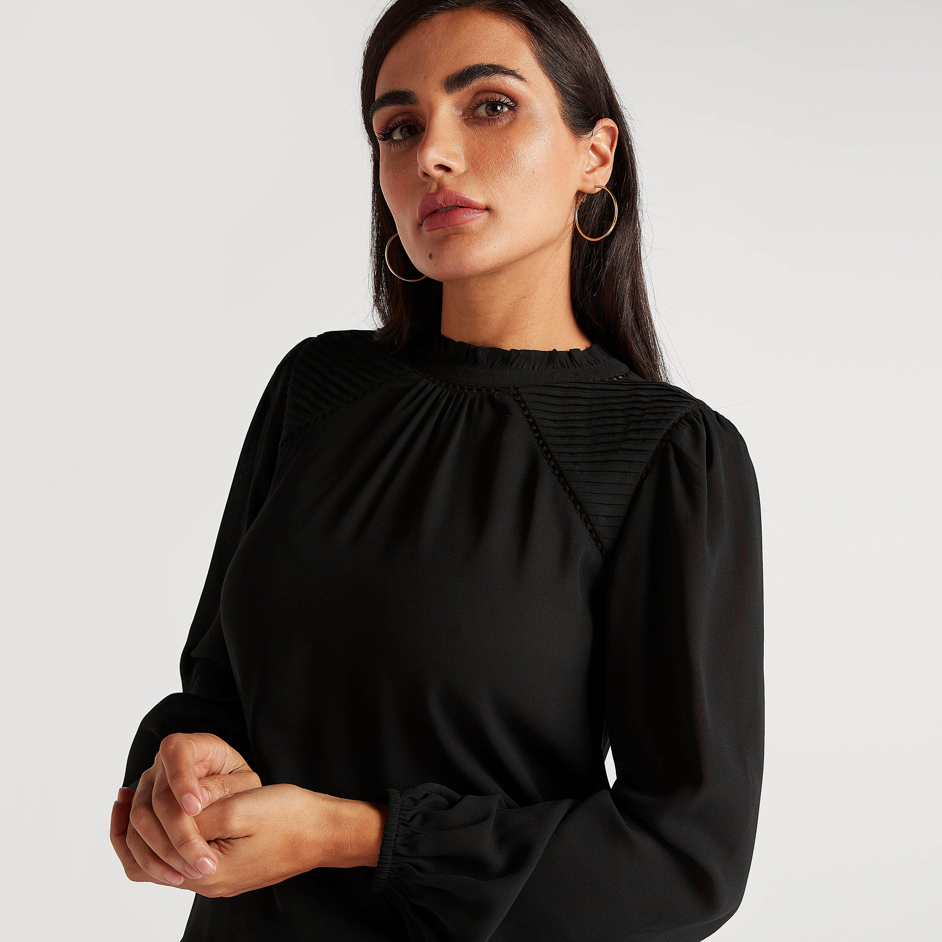 بلوزة بارزة الملمس بياقة عالية وأكمام طويلة-women-clothing-shirtsandblouses-blouses-image-2
