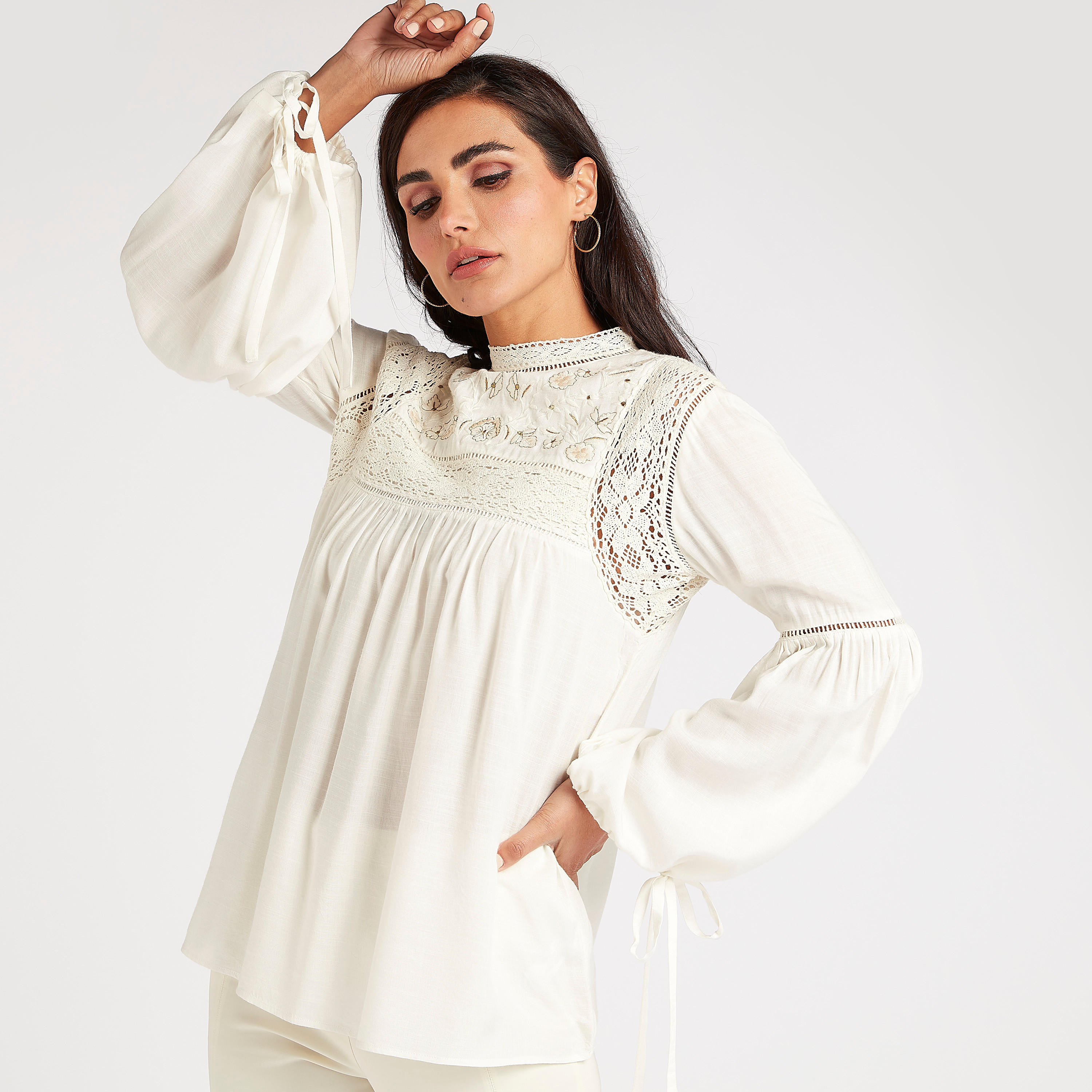 Embroidered Top with High Neck and Long Sleeves-women-clothing-shirtsandblouses-blouses-image-1