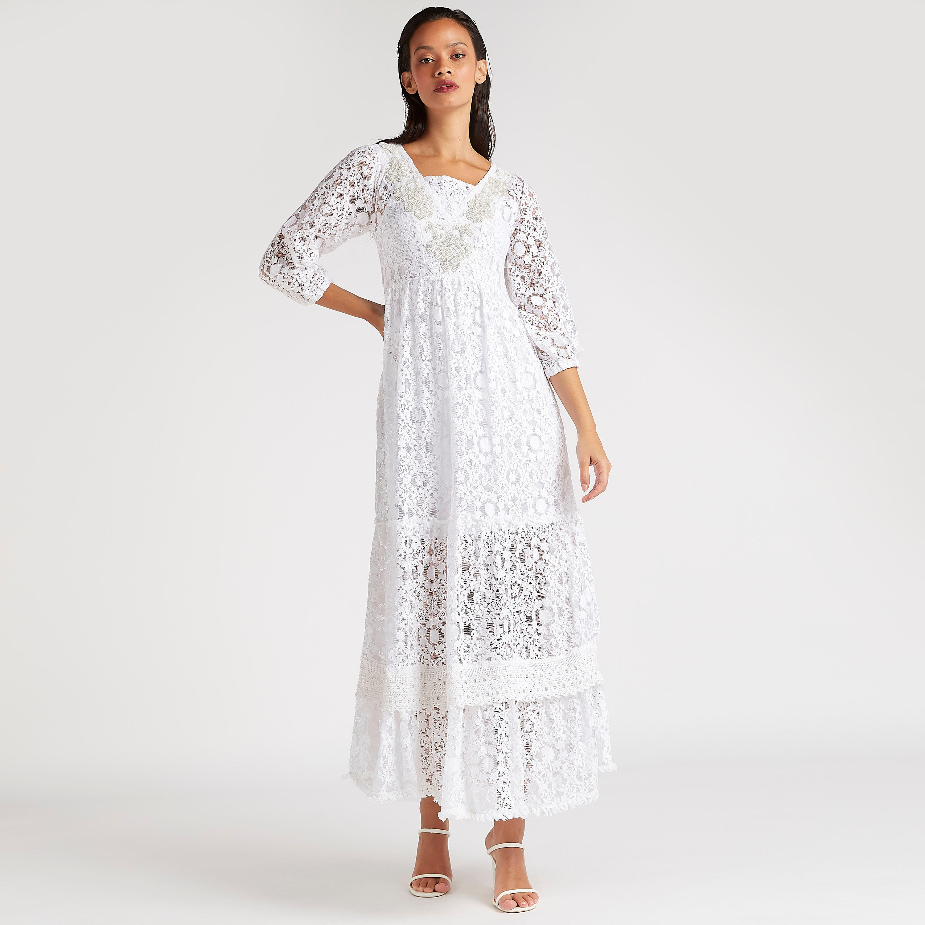فستان دانتيل ماكسي إيه لاين بارز الملمس وأكمام 3/4-women-clothing-dresses-image-1